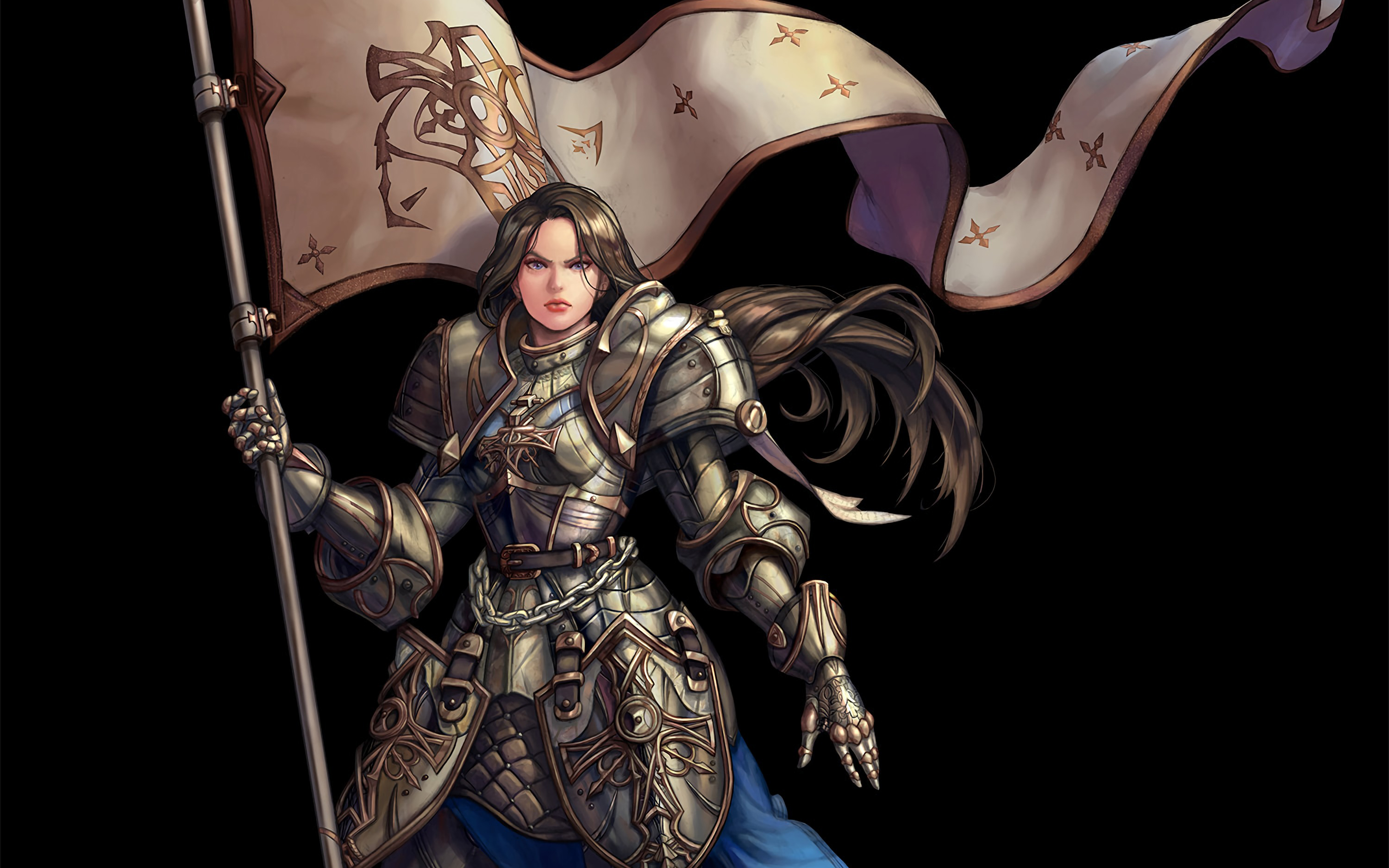 joan of arc, knight, fantasy, armor, banner, brown hair, long hair