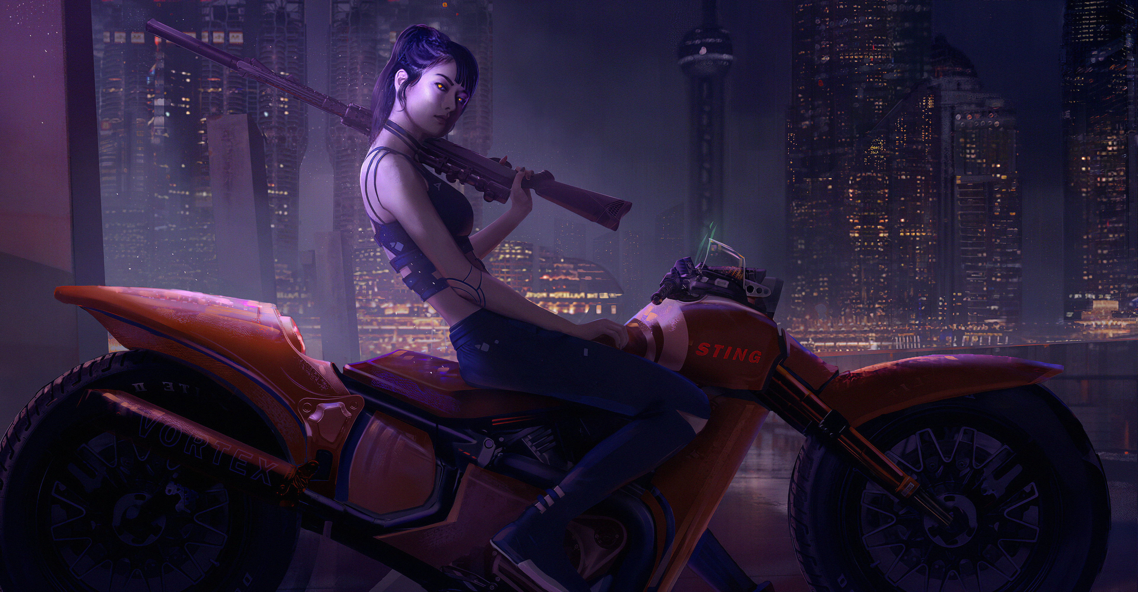 Download mobile wallpaper Weapon, City, Cyberpunk, Motorcycle, Sci Fi, Futuristic, Woman Warrior for free.