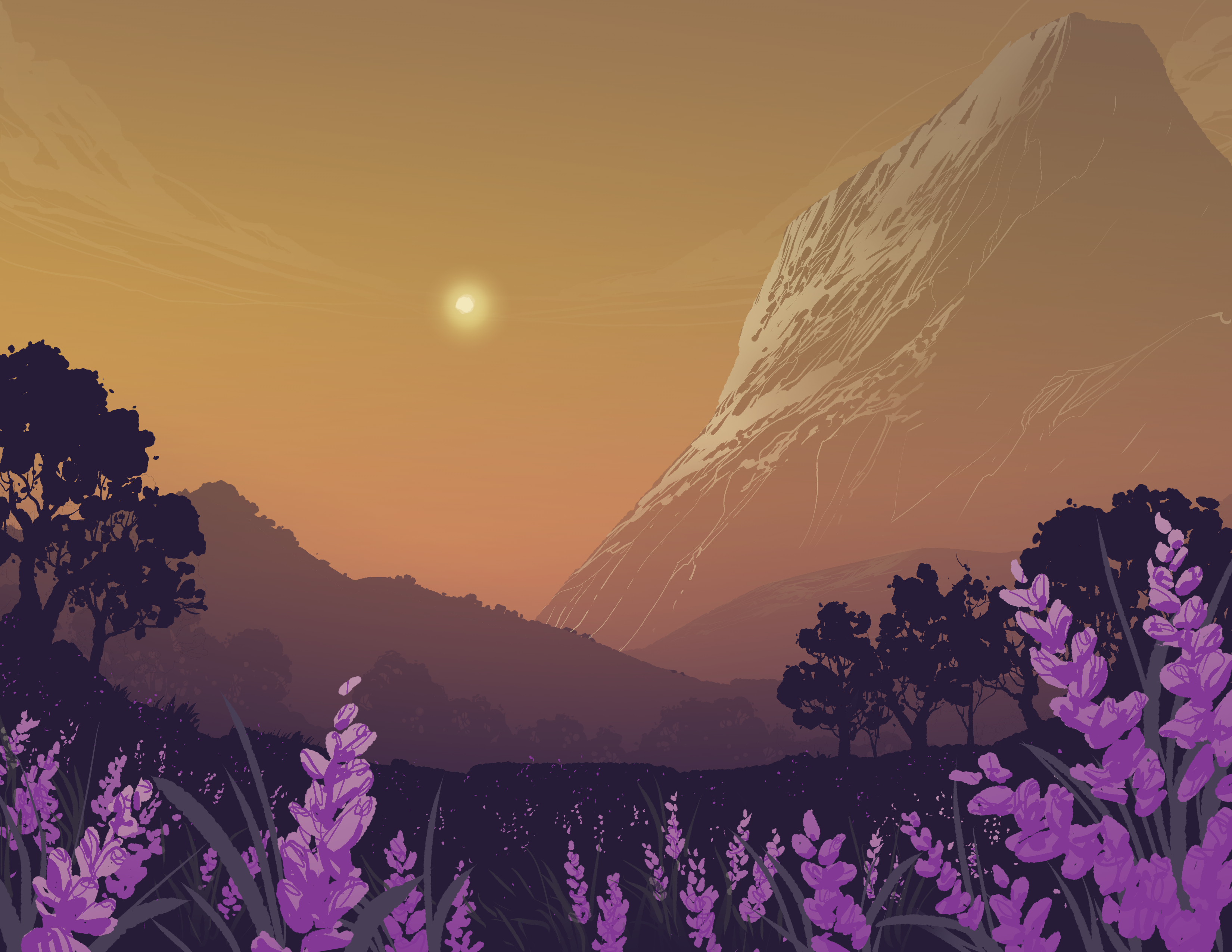 Free download wallpaper Vector, Lavender, Sun, Flowers, Trees, Mountains, Landscape, Art on your PC desktop