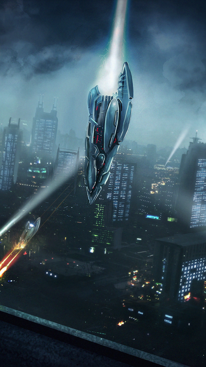 Download mobile wallpaper Night, Alien, City, Sci Fi, Spaceship, Battle, Space Invasion for free.