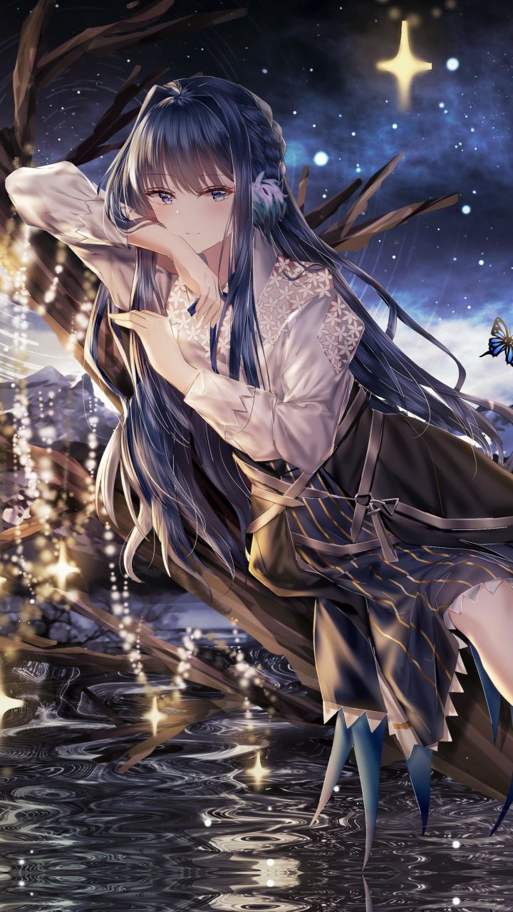 Download mobile wallpaper Anime, Night, Blue Eyes, Original, Blue Hair, Long Hair for free.