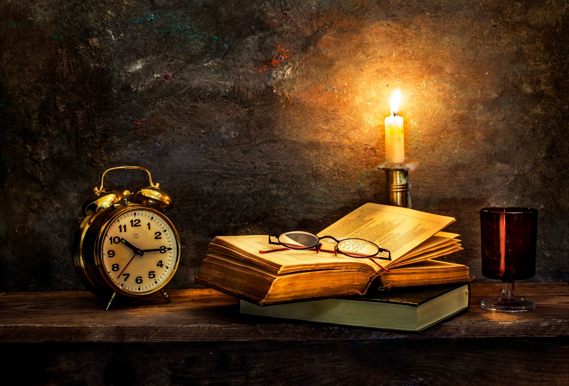 Download mobile wallpaper Clock, Still Life, Vintage, Book, Candle, Glasses, Photography for free.