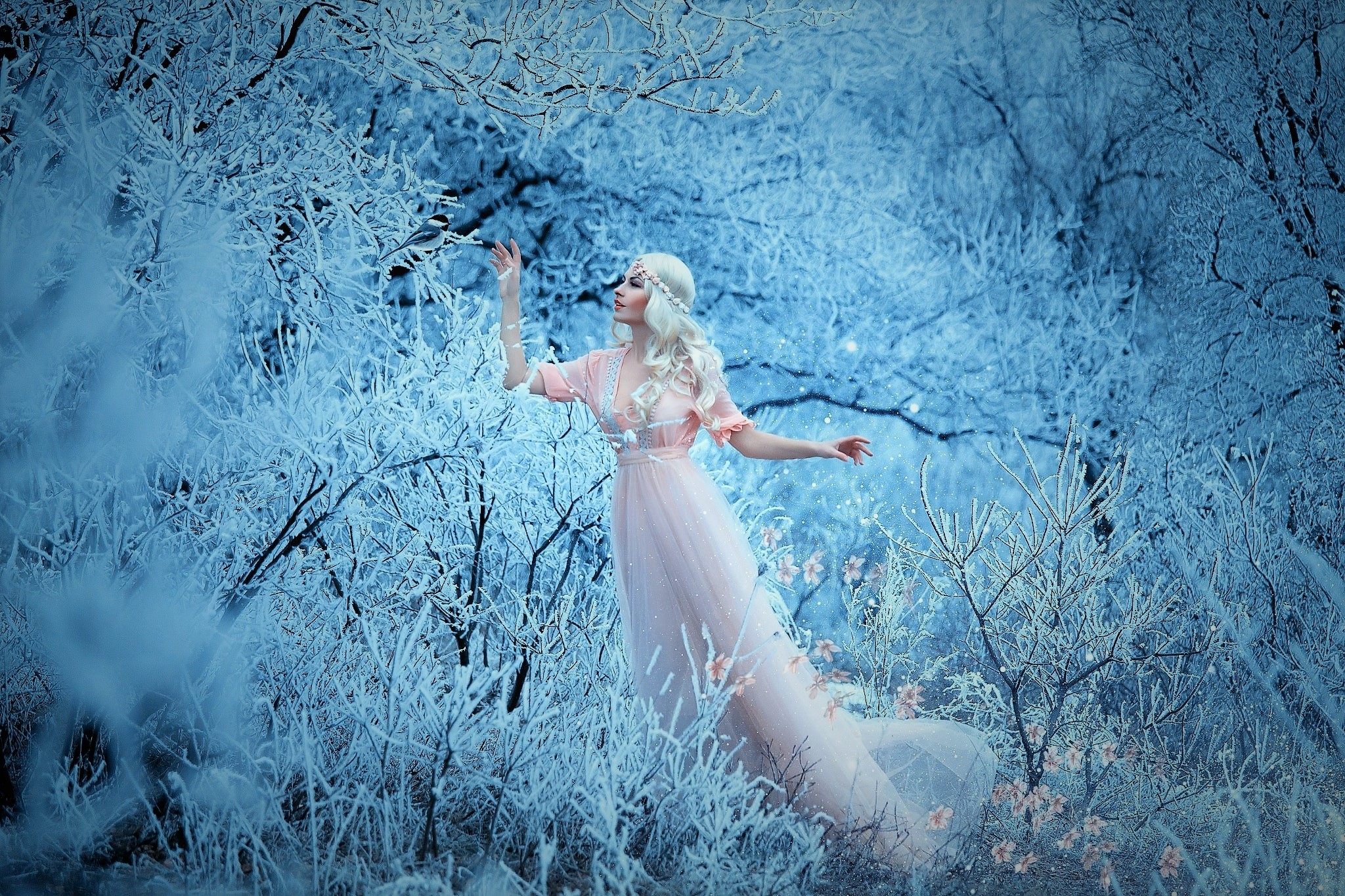 Download mobile wallpaper Fantasy, Snow, Forest, Women, White Hair, Pink Dress for free.
