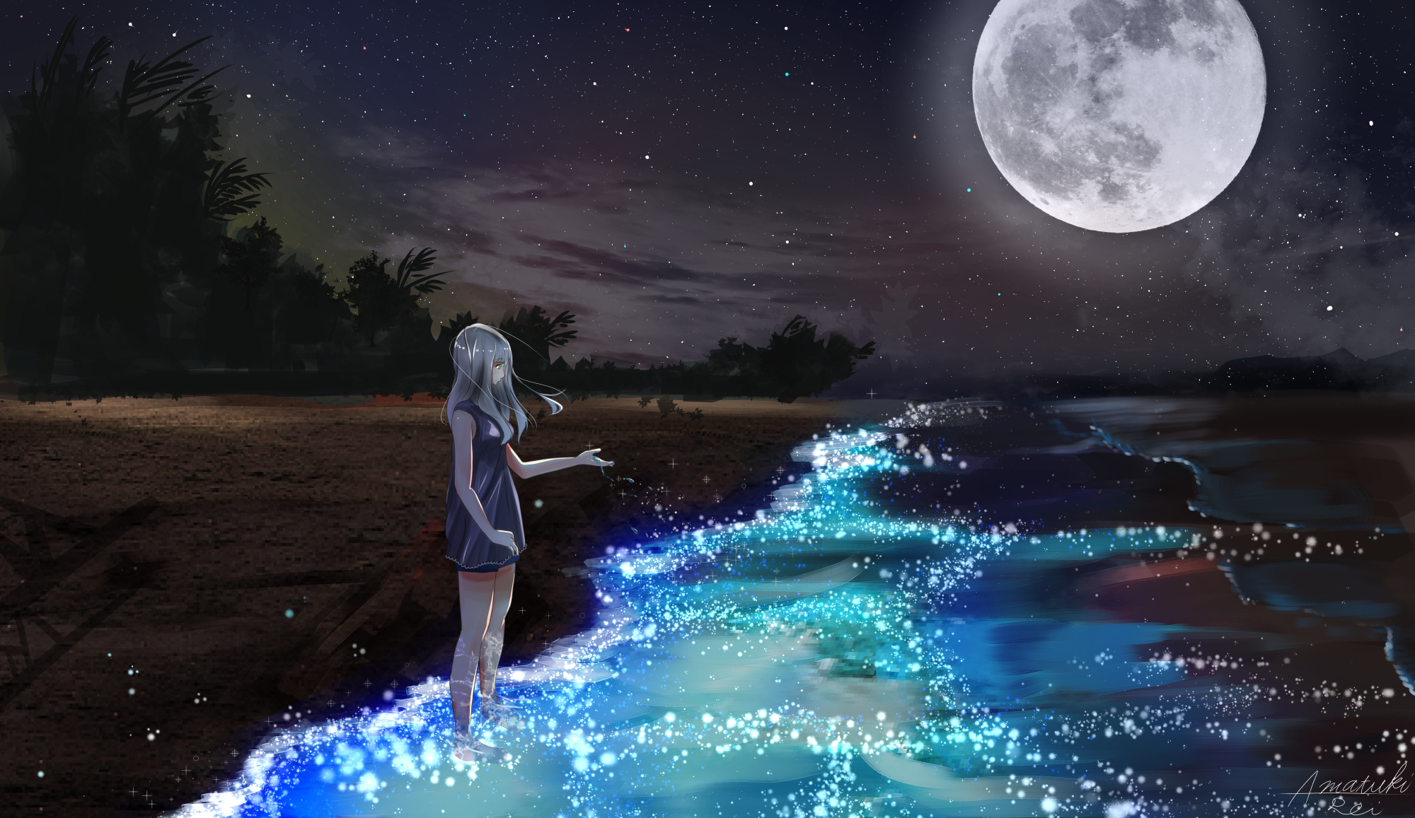 Free download wallpaper Anime, Night, Moon, Shore, Original on your PC desktop