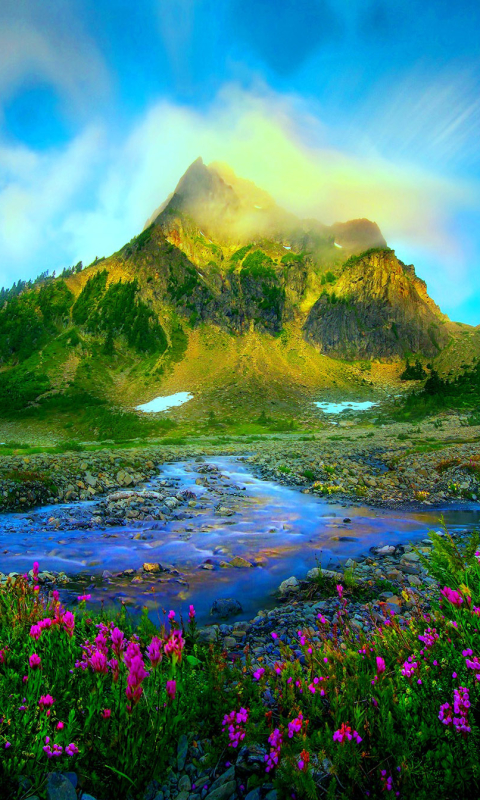 Download mobile wallpaper Landscape, Sky, Mountain, Flower, Earth, Stream, Spring for free.