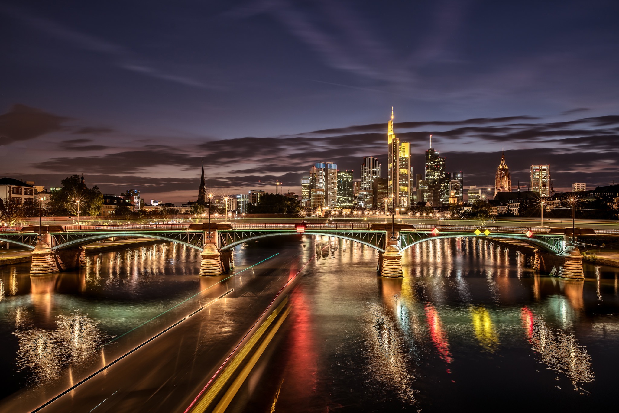 Download mobile wallpaper Cities, Night, City, Light, Bridge, River, Germany, Frankfurt, Man Made, Time Lapse for free.