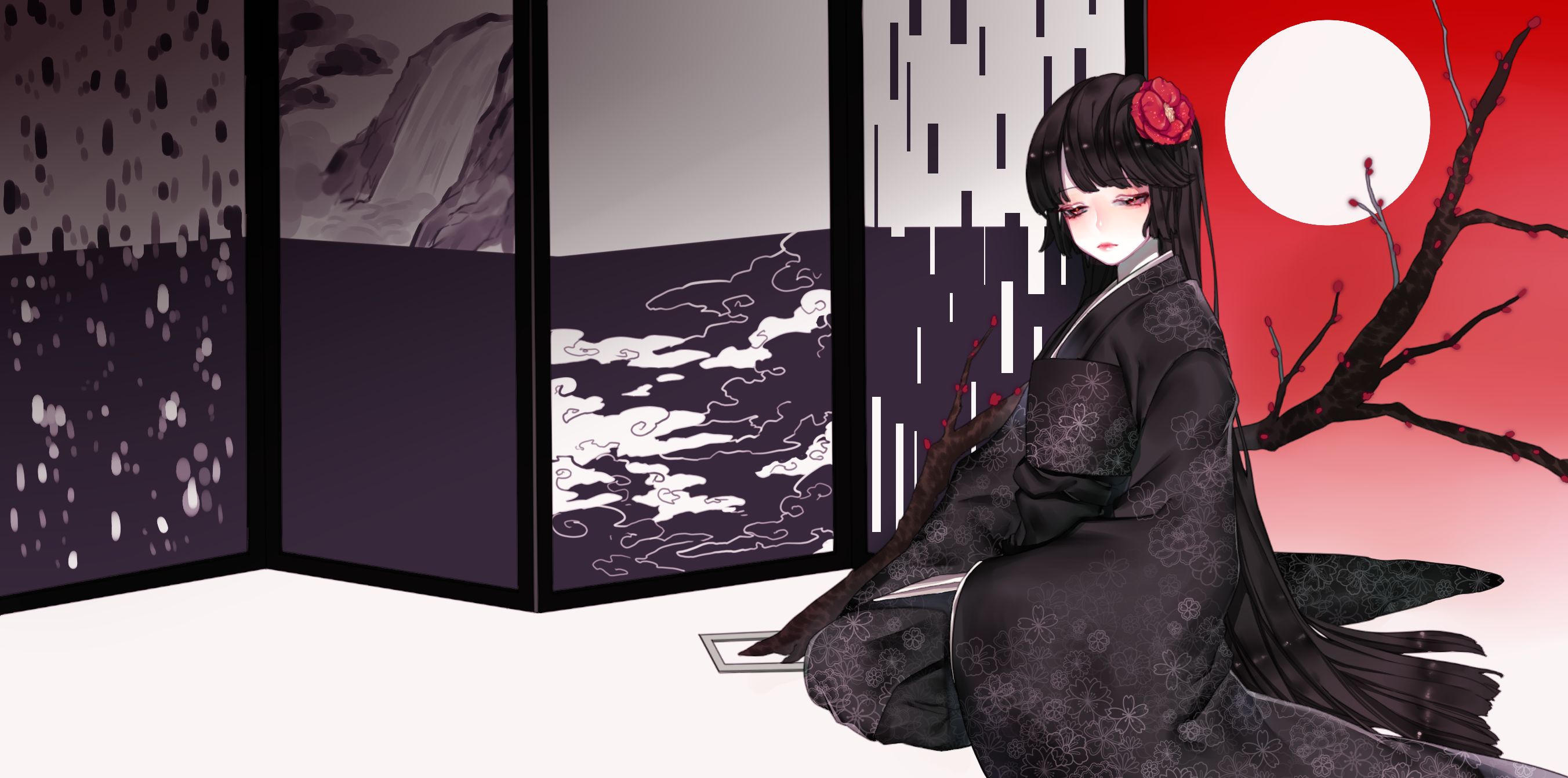 Free download wallpaper Anime, Flower, Kimono, Geisha, Red Eyes, Black Hair, Long Hair on your PC desktop