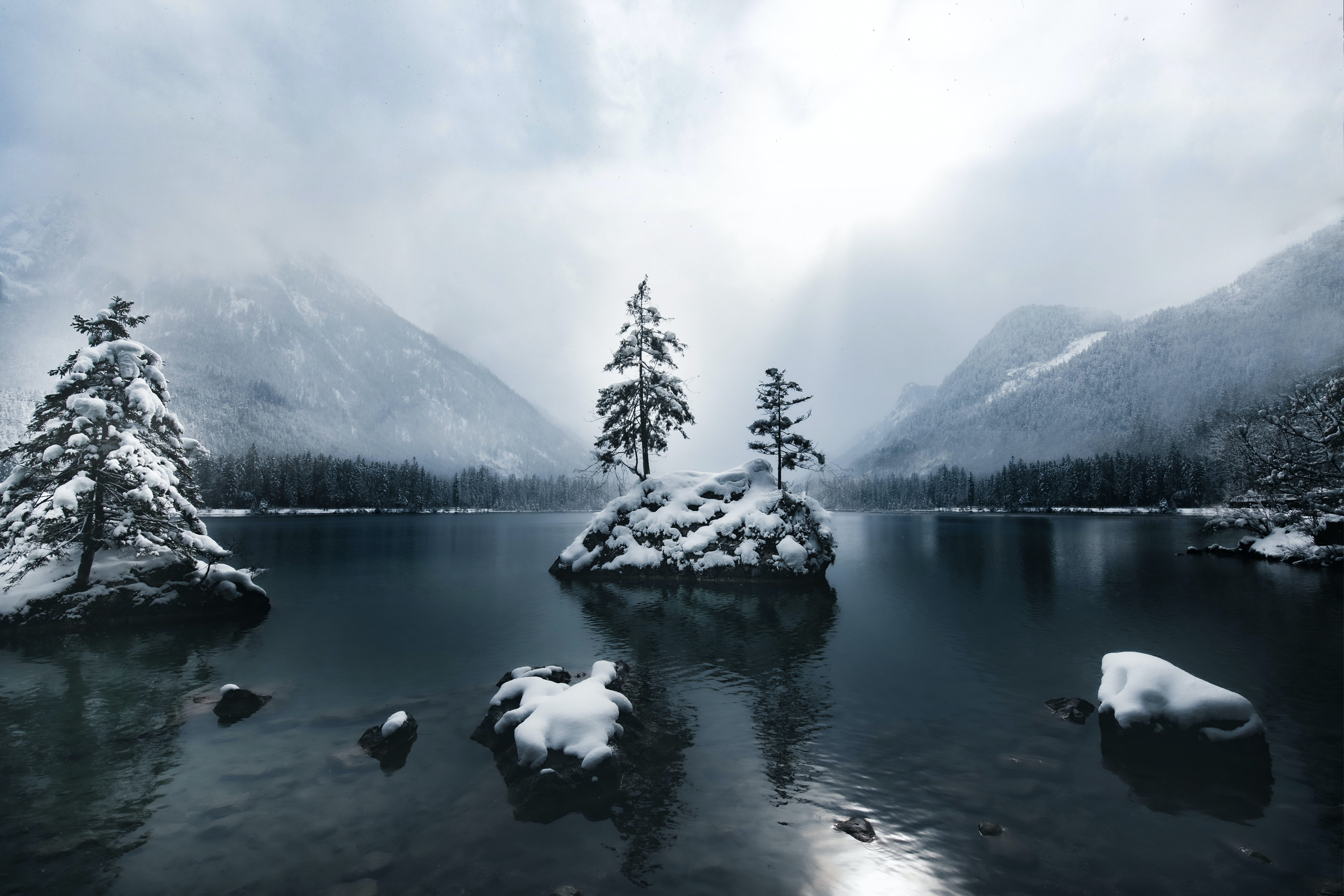 Download mobile wallpaper Water, Snow, Lakes, Mountain, Lake, Tree, Earth for free.