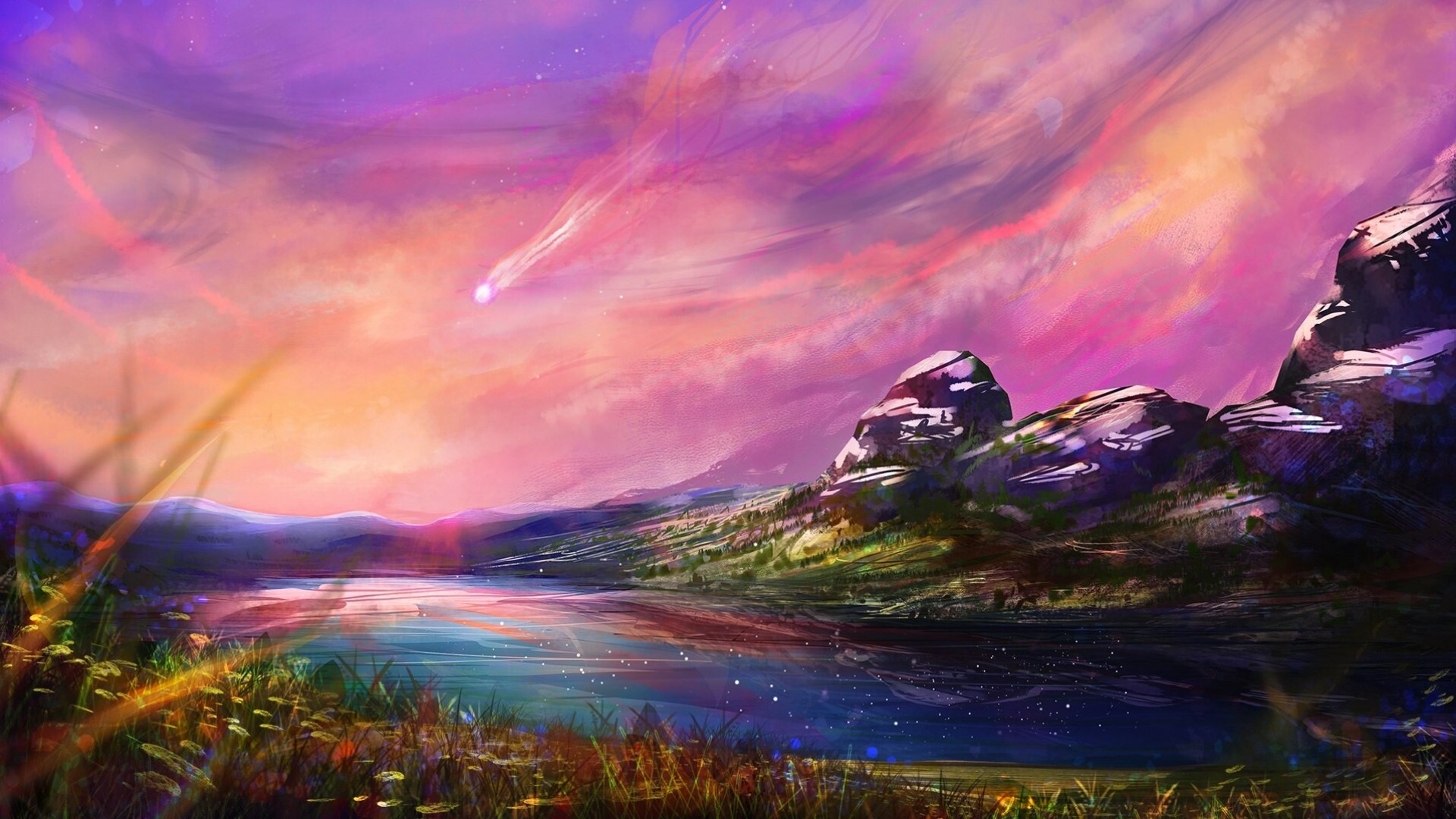 Laden Sie das Landschaft, Fluss, Gebirge, Himmel, Künstlerisch-Bild kostenlos auf Ihren PC-Desktop herunter