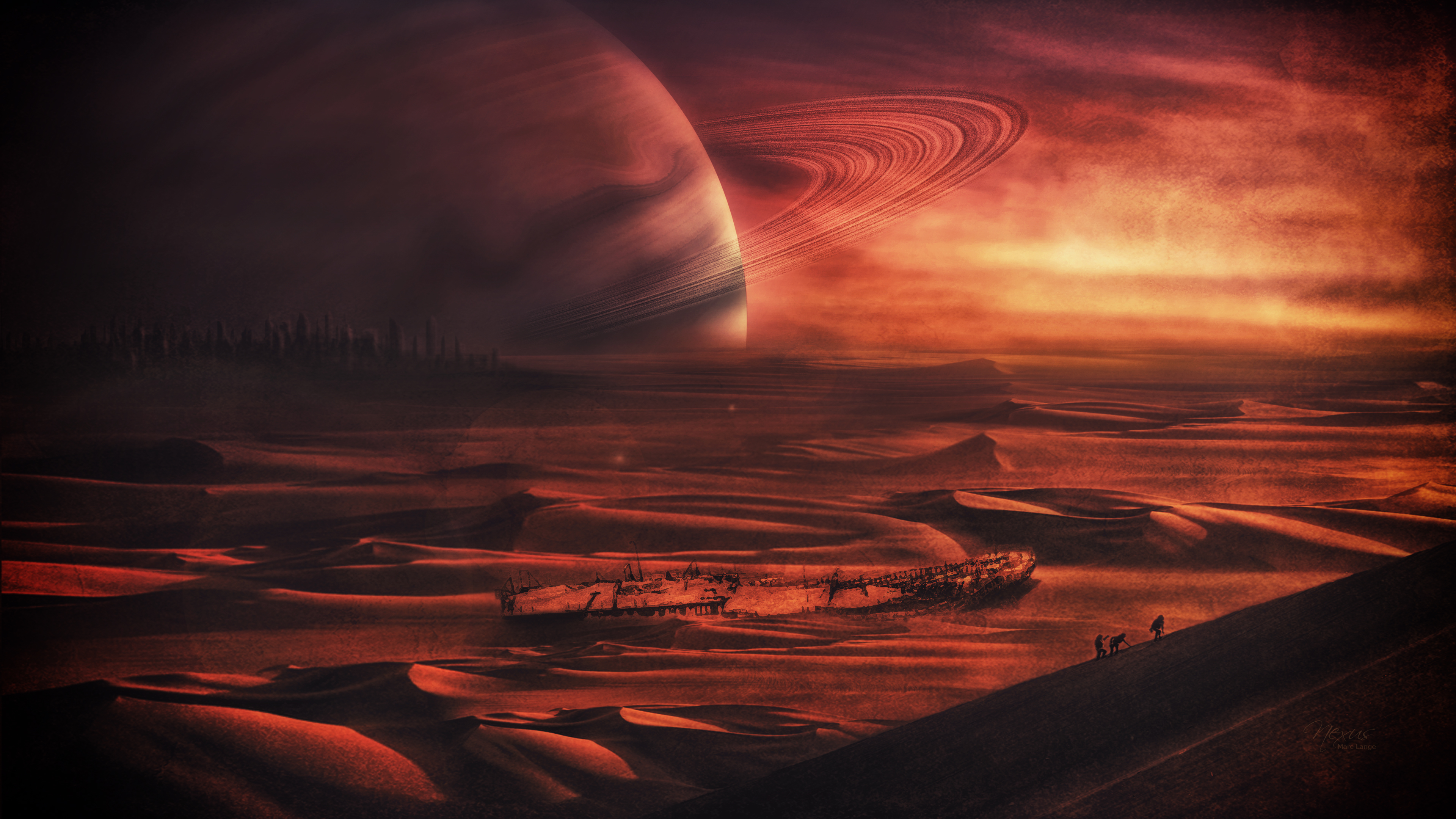 desert, planet, sci fi, landscape, gas giant, sand, wreck