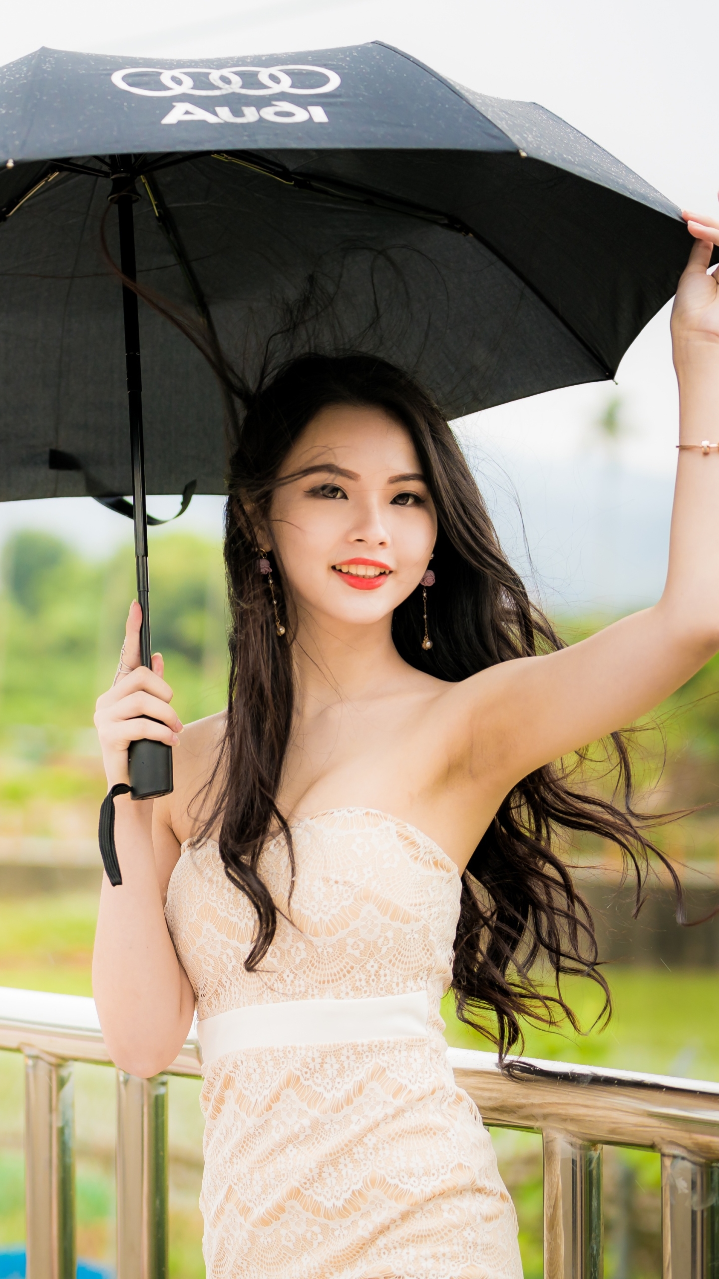 Download mobile wallpaper Umbrella, Model, Women, Asian, Black Hair, Long Hair, White Dress for free.