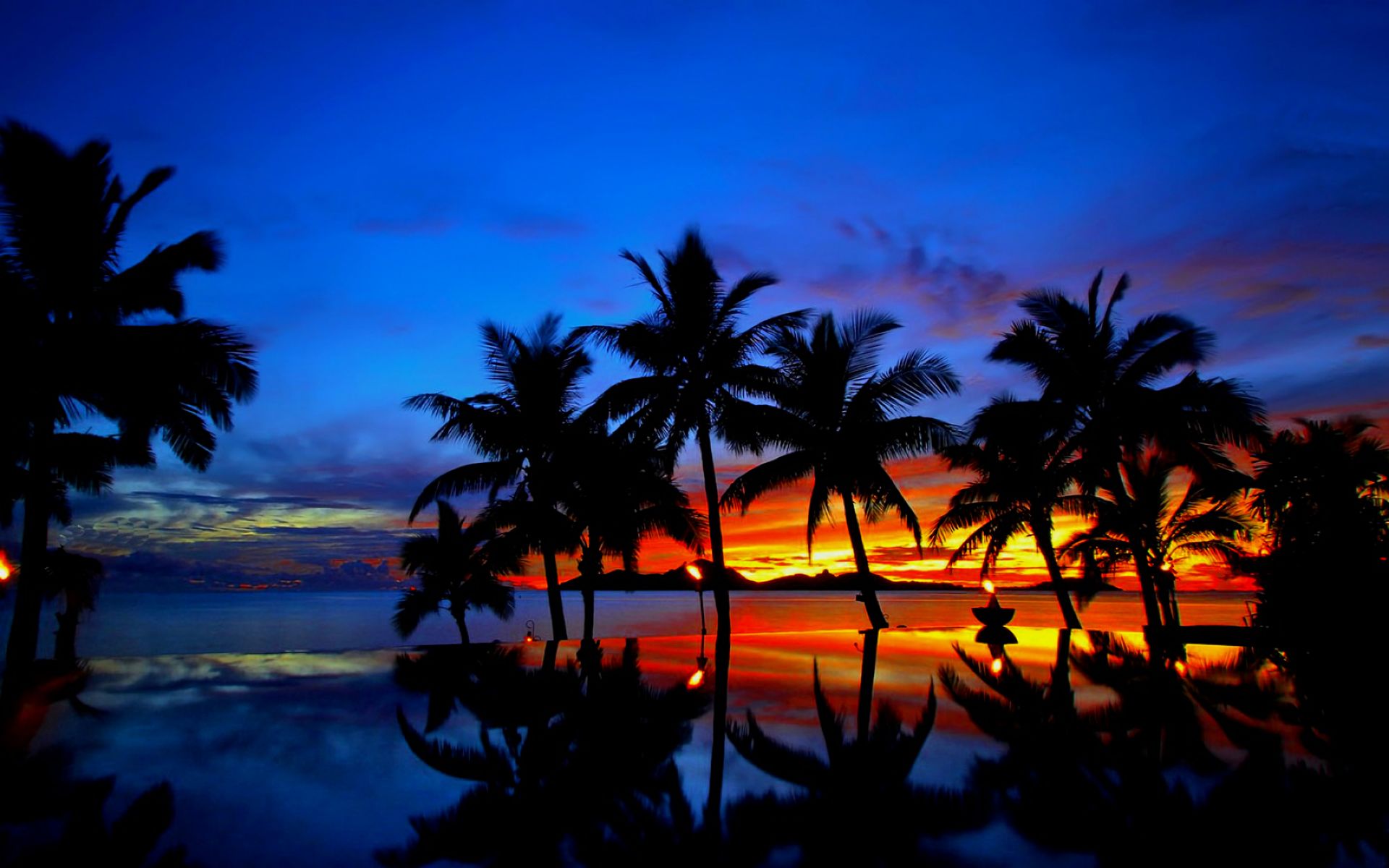 Free download wallpaper Sunset, Sky, Sea, Silhouette, Ocean, Earth, Tropical, Palm Tree on your PC desktop