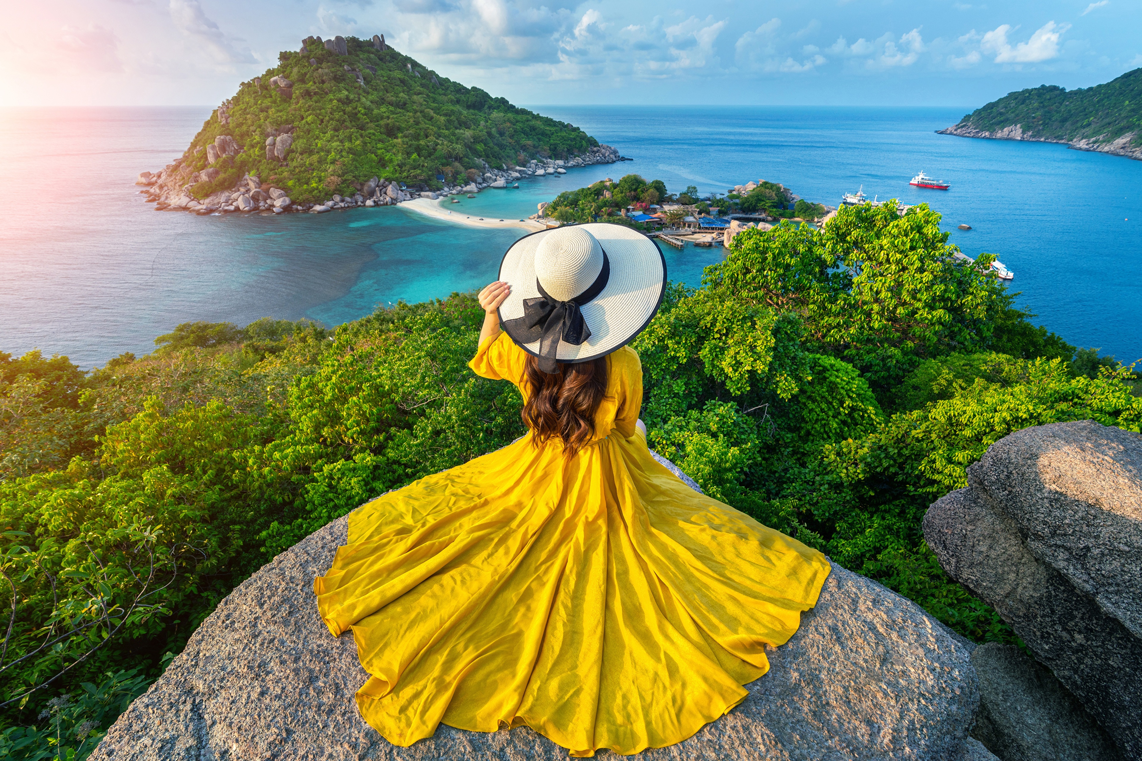 Download mobile wallpaper Horizon, Rear, Hat, Thailand, Women, Yellow Dress for free.