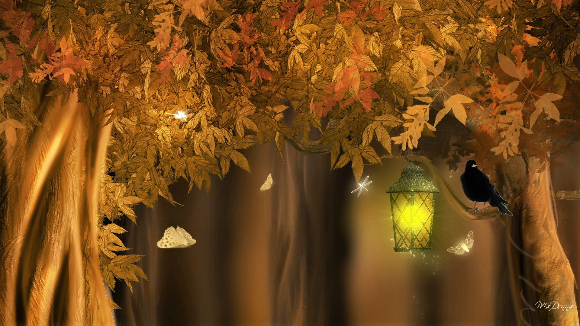 Free download wallpaper Tree, Fall, Butterfly, Lantern, Artistic, Raven, Dragonfly on your PC desktop