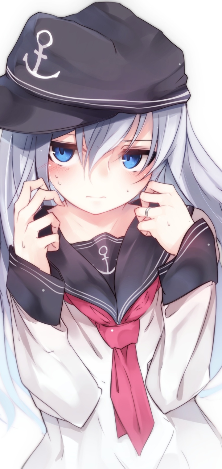 Téléchargez des papiers peints mobile Chapeau, Yeux Bleus, Uniforme, Animé, Rougir, Cheveux Longs, Cheveux Blancs, Collection Kantaï, Hibiki (Kancolle) gratuitement.