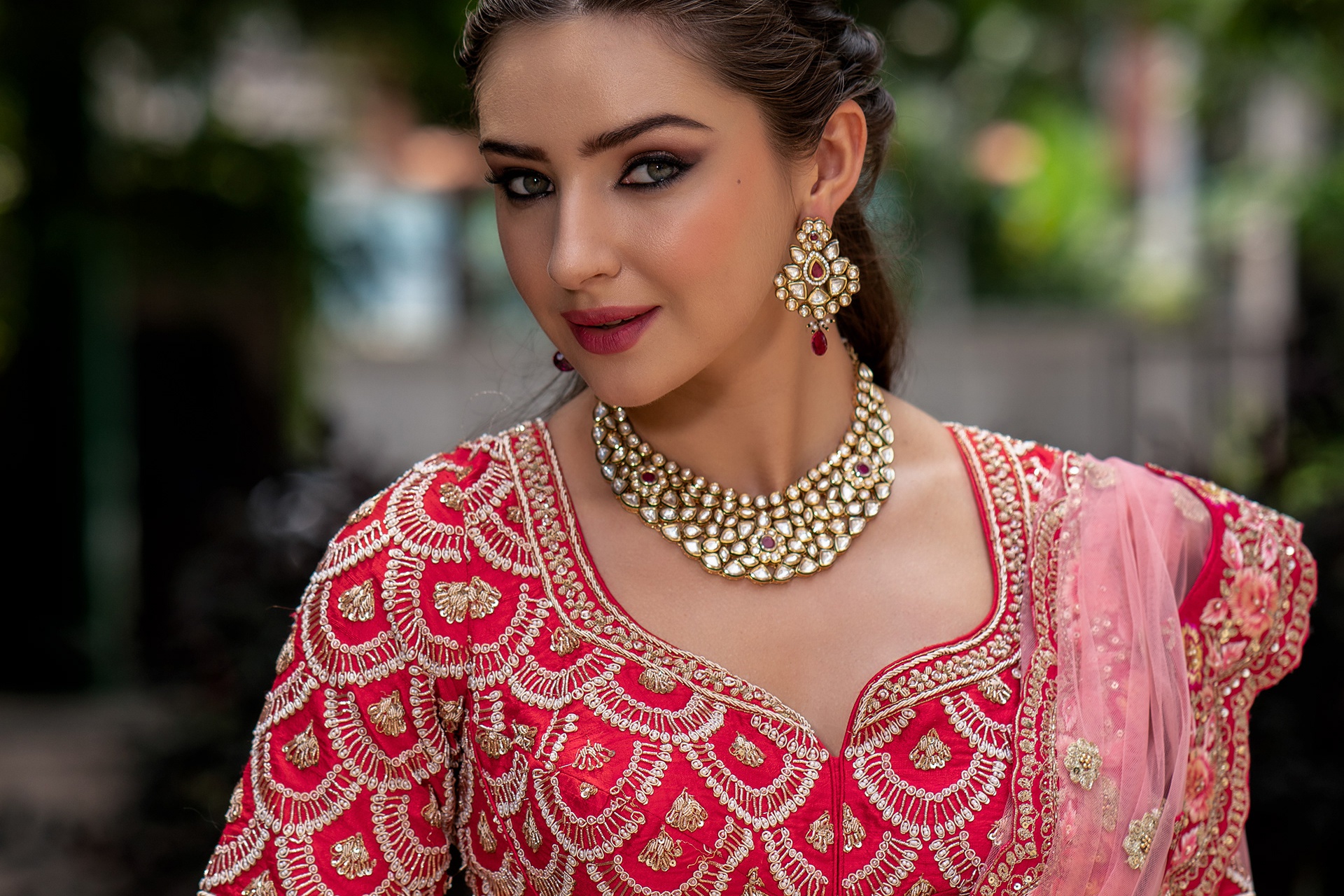 Download mobile wallpaper Jewelry, Model, Women, Earrings, Indian, Necklace, Lipstick for free.