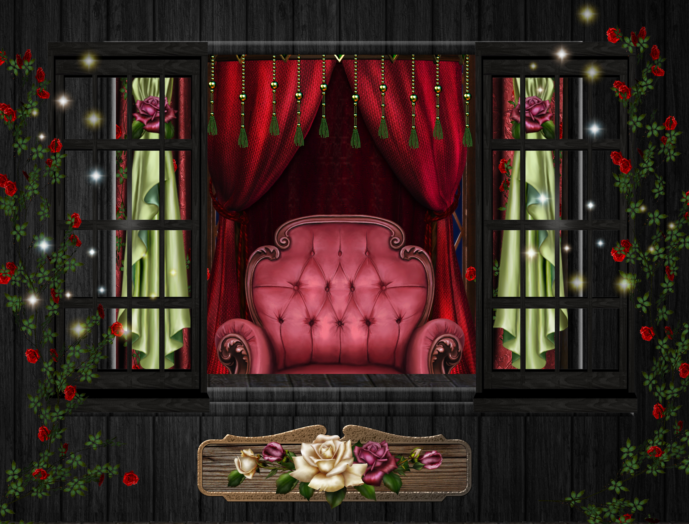 chair, red rose, artistic, window, curtain, pink rose