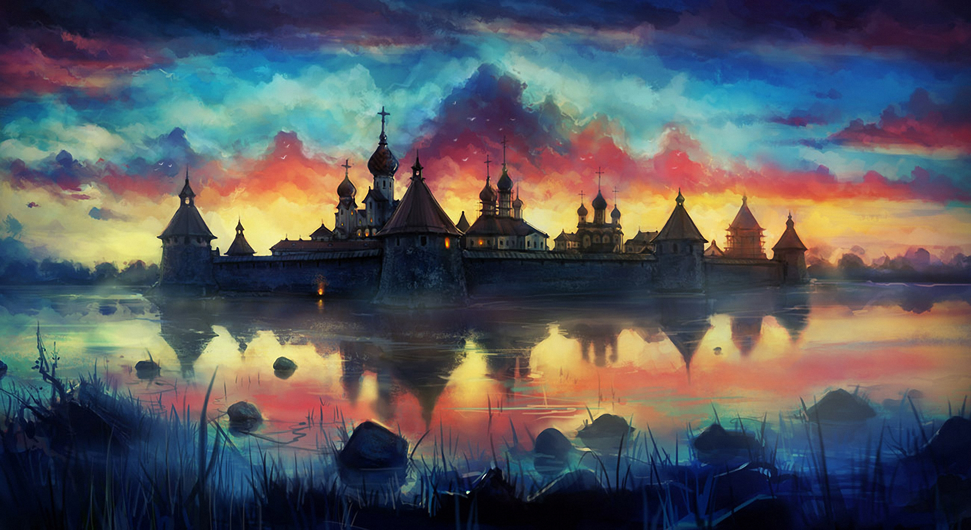art, picture, sky, paints, drawing, monastery Full HD