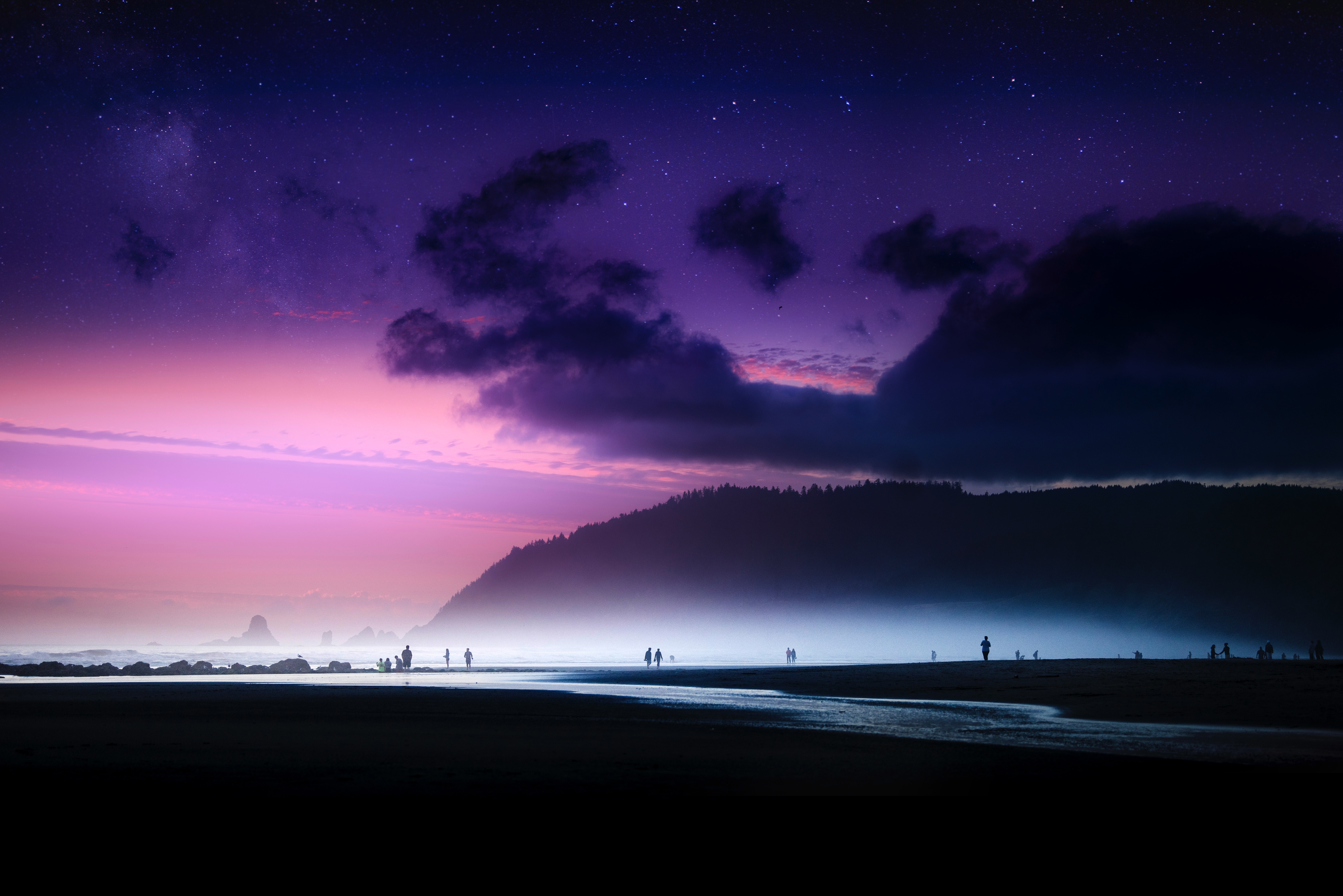Free download wallpaper Shore, Fog, Starry Sky, Nature, Bank, Beach on your PC desktop
