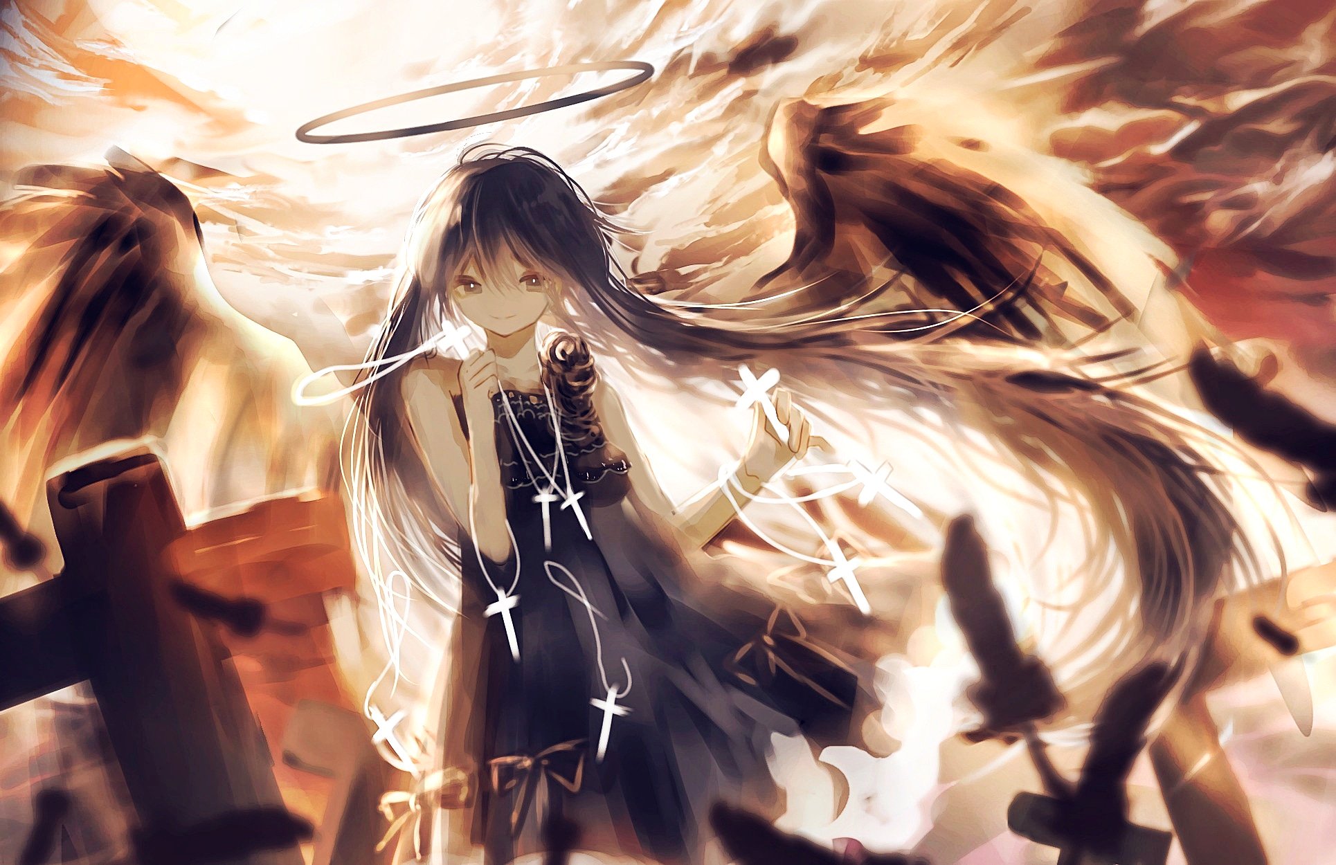 Free download wallpaper Anime, Feather, Wings, Angel, Cross, Long Hair on your PC desktop
