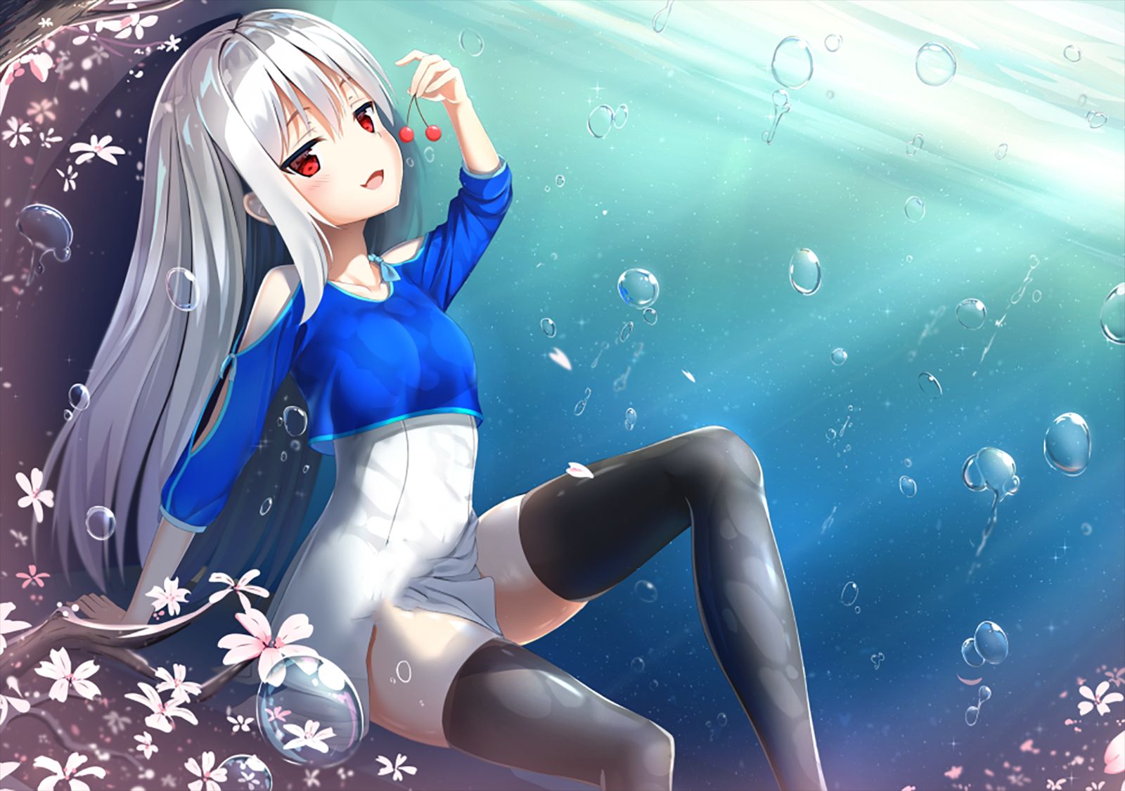 Free download wallpaper Anime, Water, Cherry, Flower, Girl, Sunlight, Dress, Bubble, Red Eyes, Thigh Highs, White Hair on your PC desktop