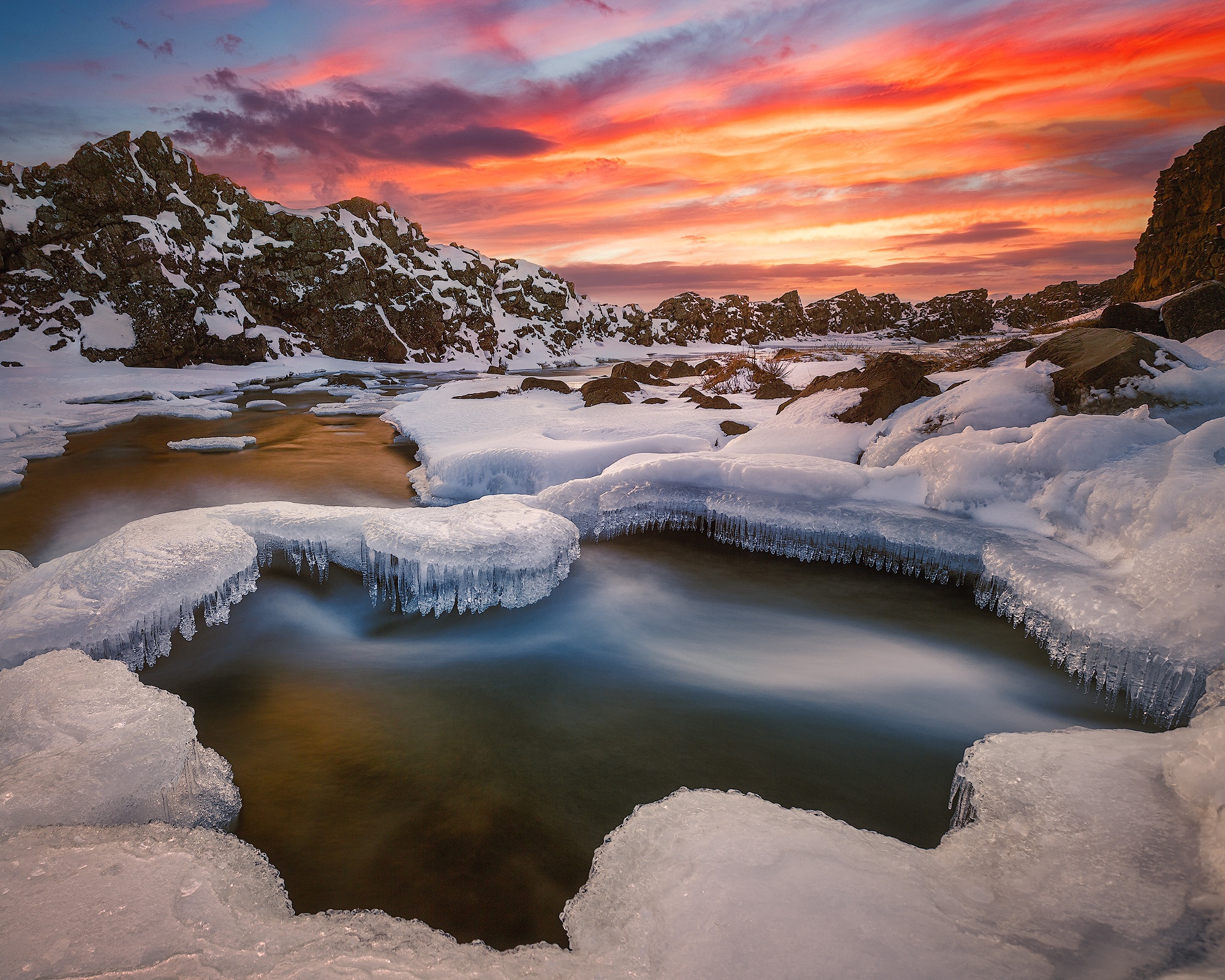 Download mobile wallpaper Winter, Nature, Sunset, Ice, Snow, Earth, Iceland, River for free.