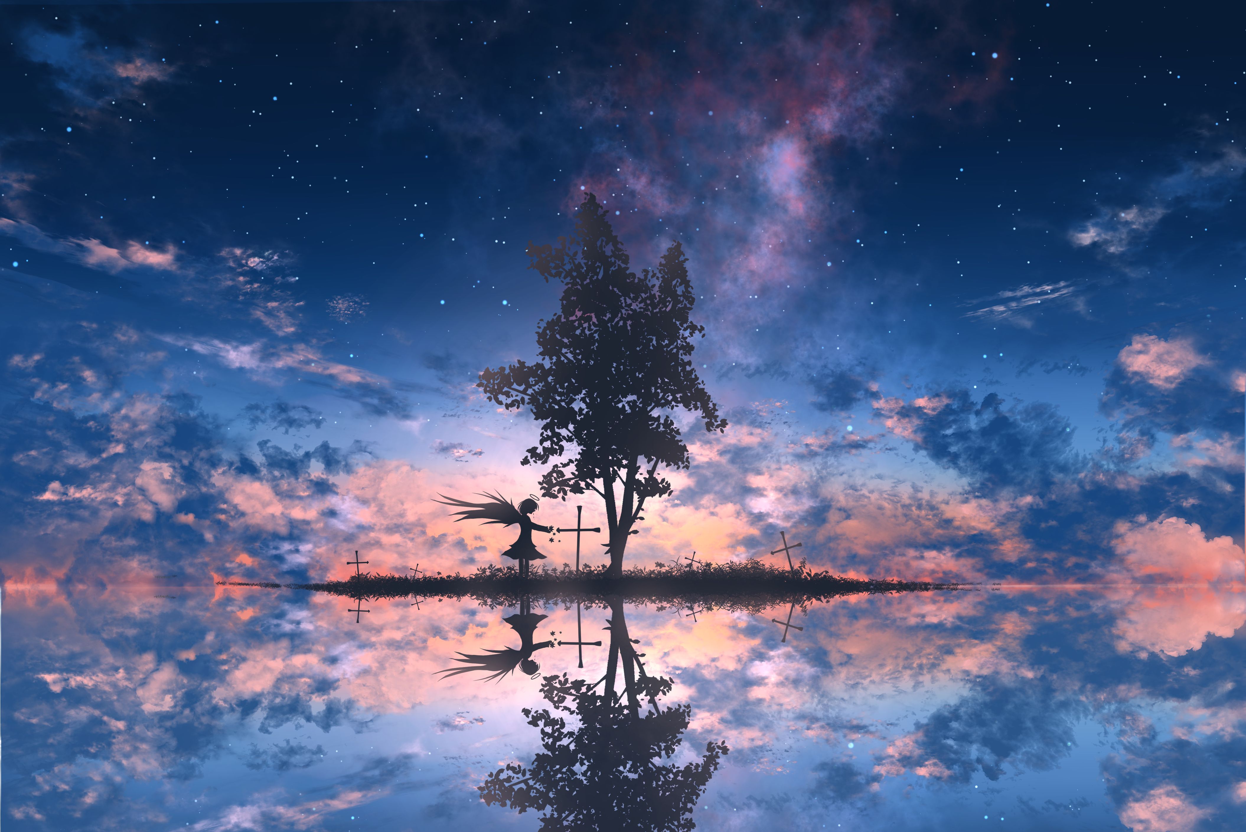 Free download wallpaper Anime, Reflection, Tree, Starry Sky, Cross, Original on your PC desktop
