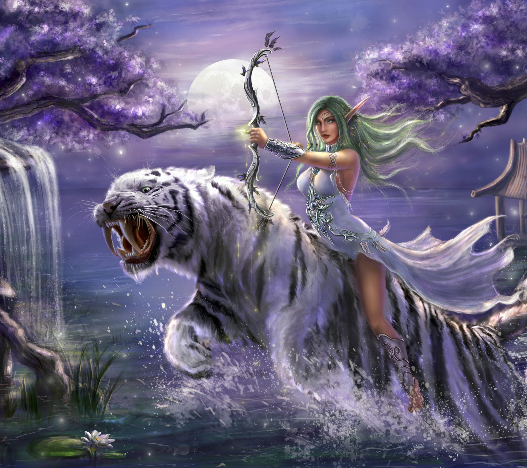 video game, world of warcraft, bow, white tiger, woman warrior, tyrande whisperwind, pointed ears, green hair, blue eyes, tiger, elf, warcraft