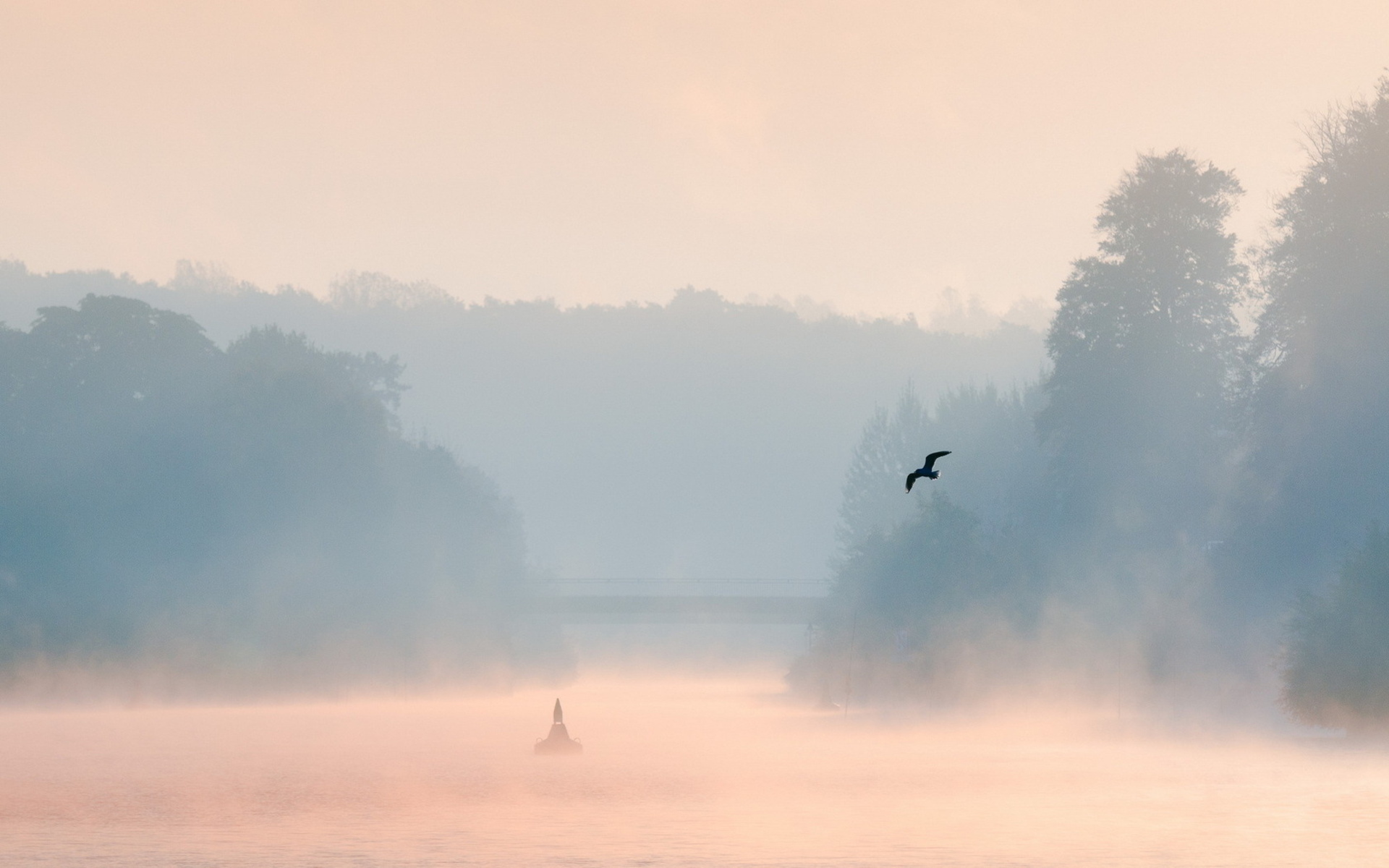 Laden Sie das Seen, See, Nebel, Fluss, Sonnenaufgang, Brücke, Morgen, Erde/natur-Bild kostenlos auf Ihren PC-Desktop herunter