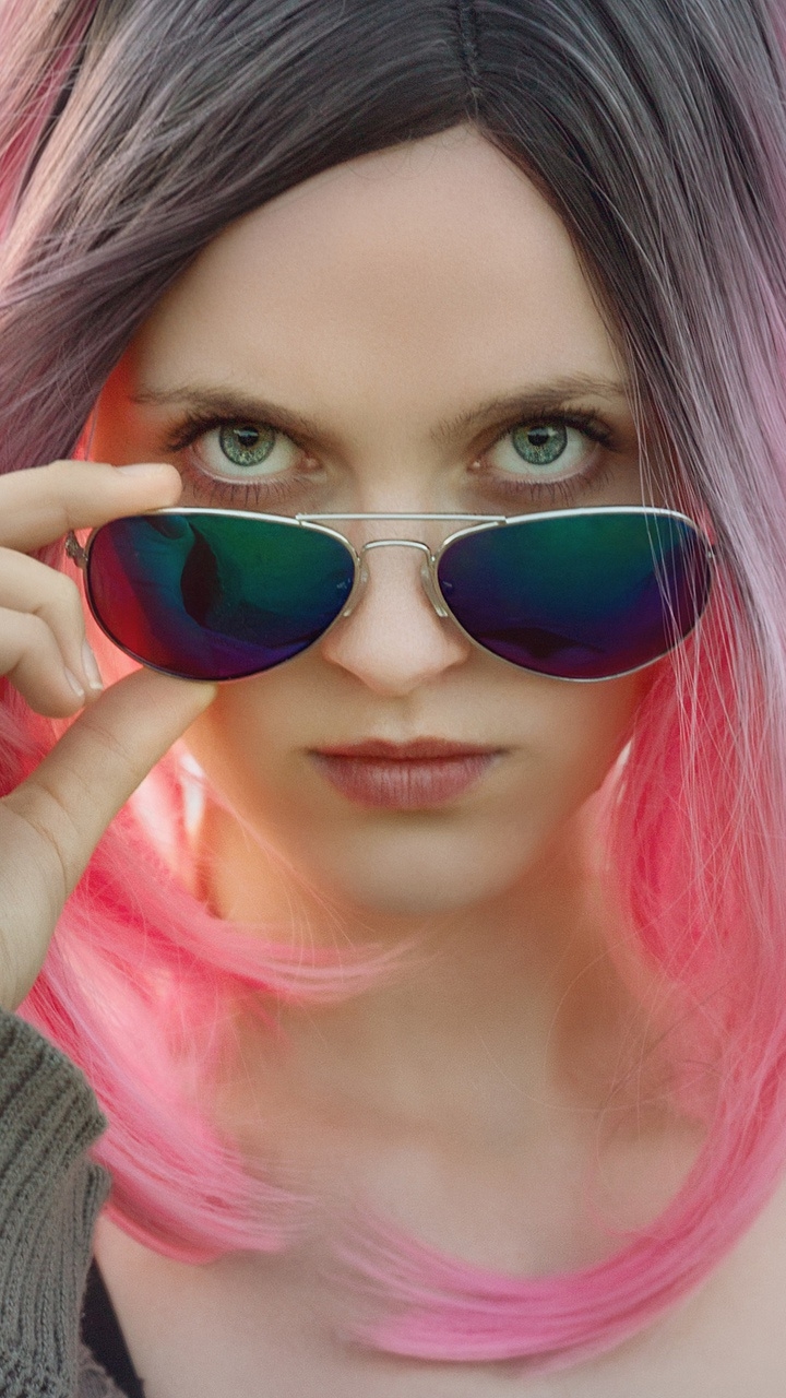 Download mobile wallpaper Face, Sunglasses, Model, Women, Green Eyes, Pink Hair for free.