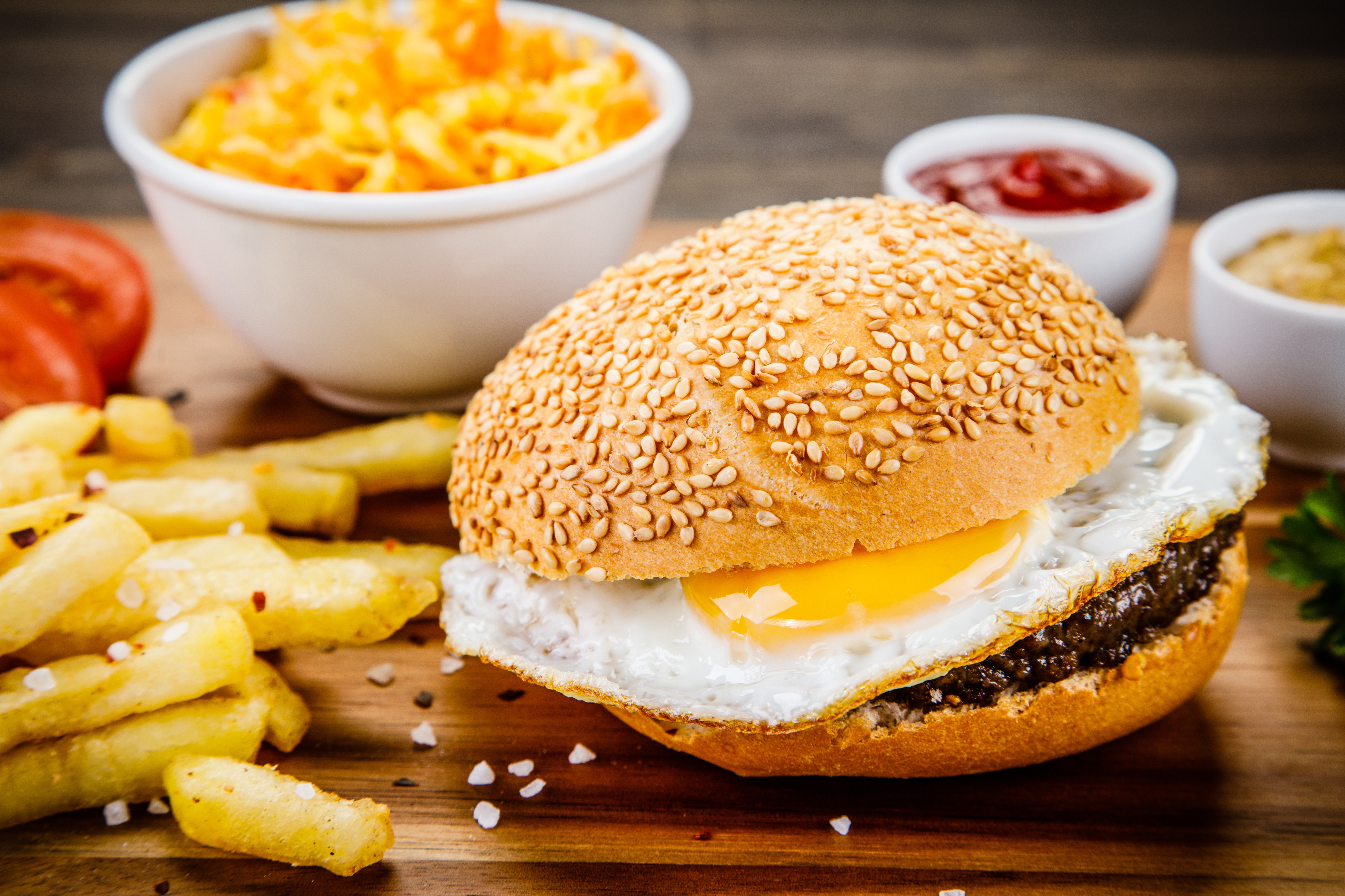 Download mobile wallpaper Food, Still Life, Egg, Burger, French Fries for free.