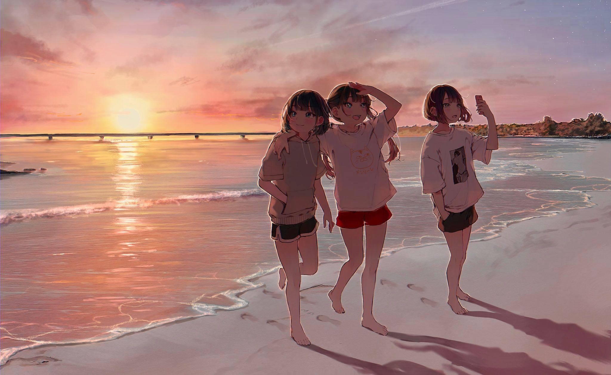 Laden Sie das Wasser, Mädchen, Strand, Sonnenuntergang, Animes-Bild kostenlos auf Ihren PC-Desktop herunter