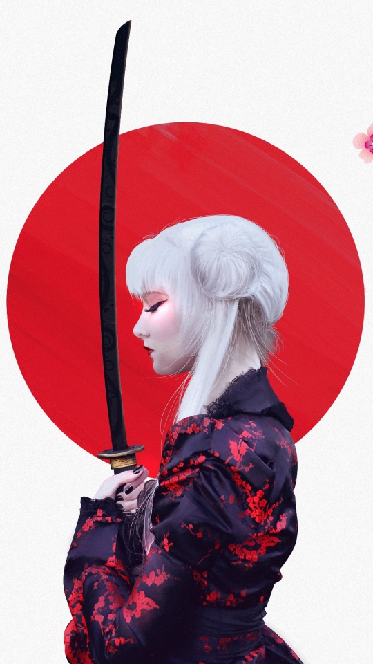 Download mobile wallpaper Fantasy, Kimono, Sword, Katana, Women Warrior, White Hair, Woman Warrior for free.