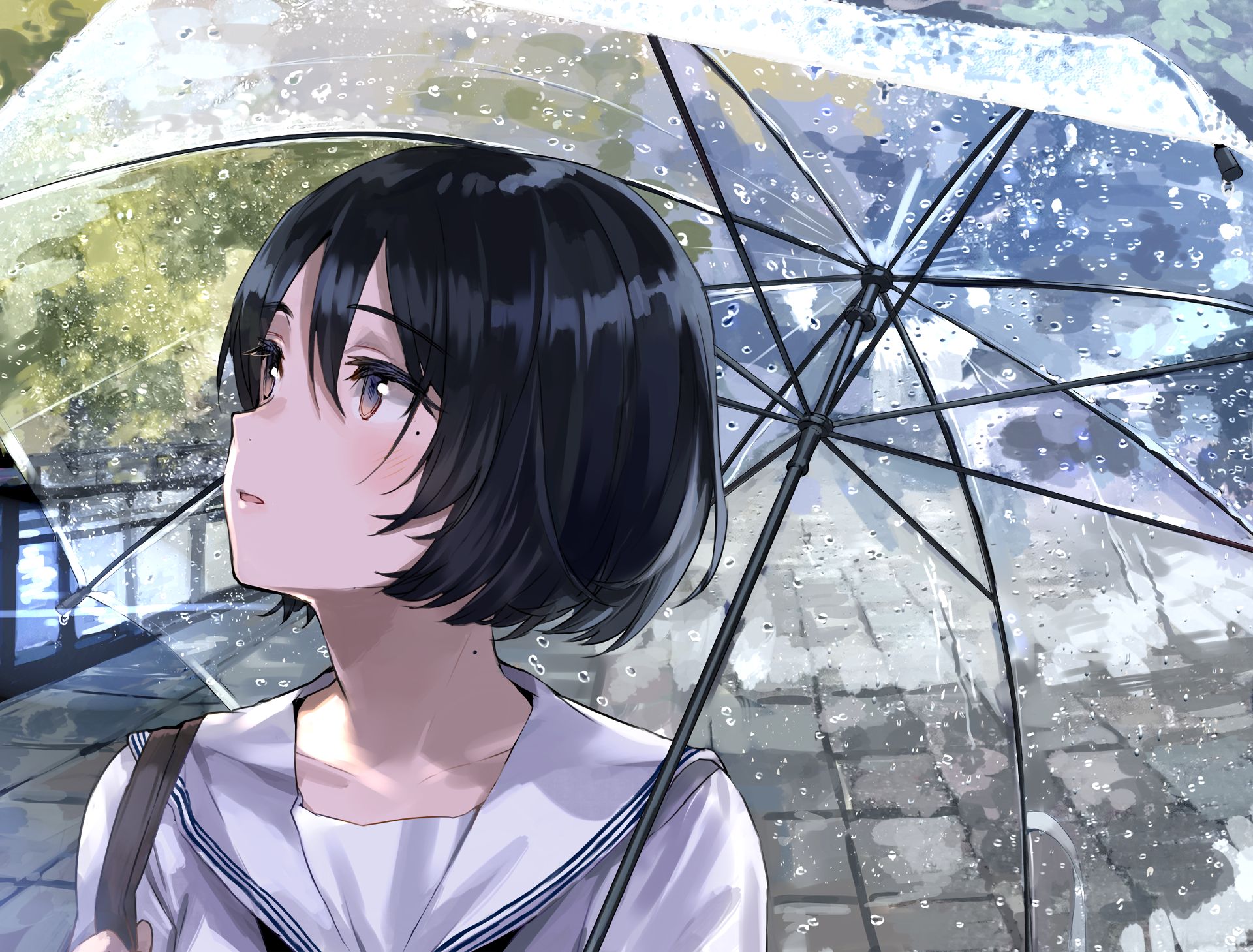 Laden Sie das Regen, Regenschirm, Original, Erröten, Braune Augen, Animes, Schwarzes Haar, Kurzes Haar-Bild kostenlos auf Ihren PC-Desktop herunter