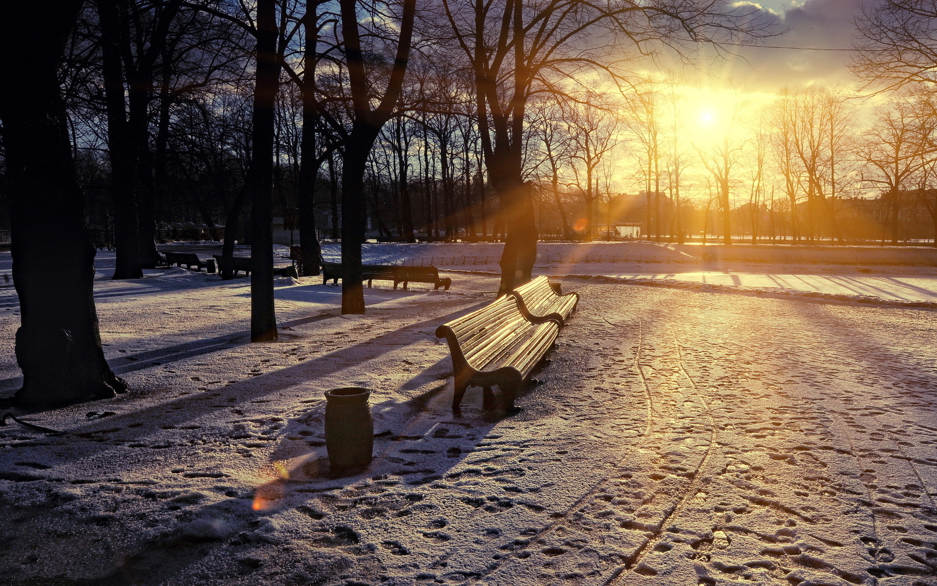 Скачать обои бесплатно Закат, Снег, Солнце, Пейзаж картинка на рабочий стол ПК