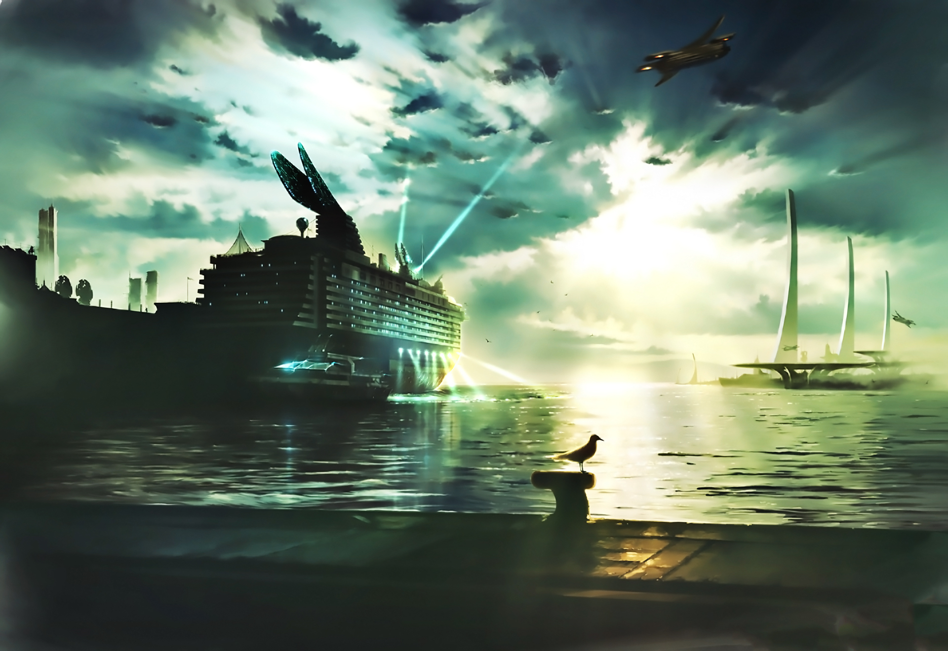 Free download wallpaper Anime, Sky, Sea, Bird, Boat, Cloud, Cruise Ship, Original, Sunshine on your PC desktop