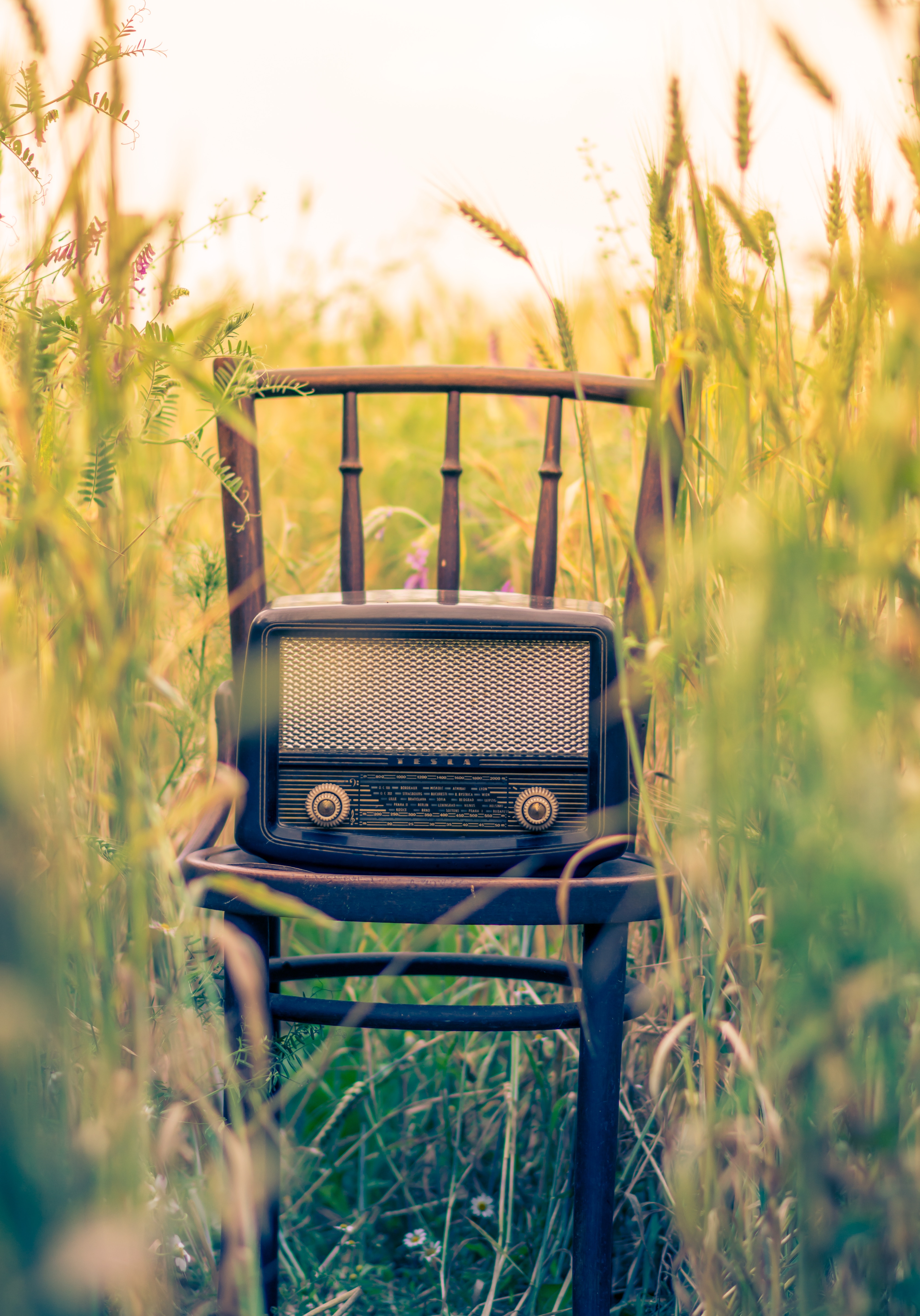 157847 завантажити картинку трава, радіо, різне, стілець, крісло, розмитість, гладкою, радіоприймач - шпалери і заставки безкоштовно