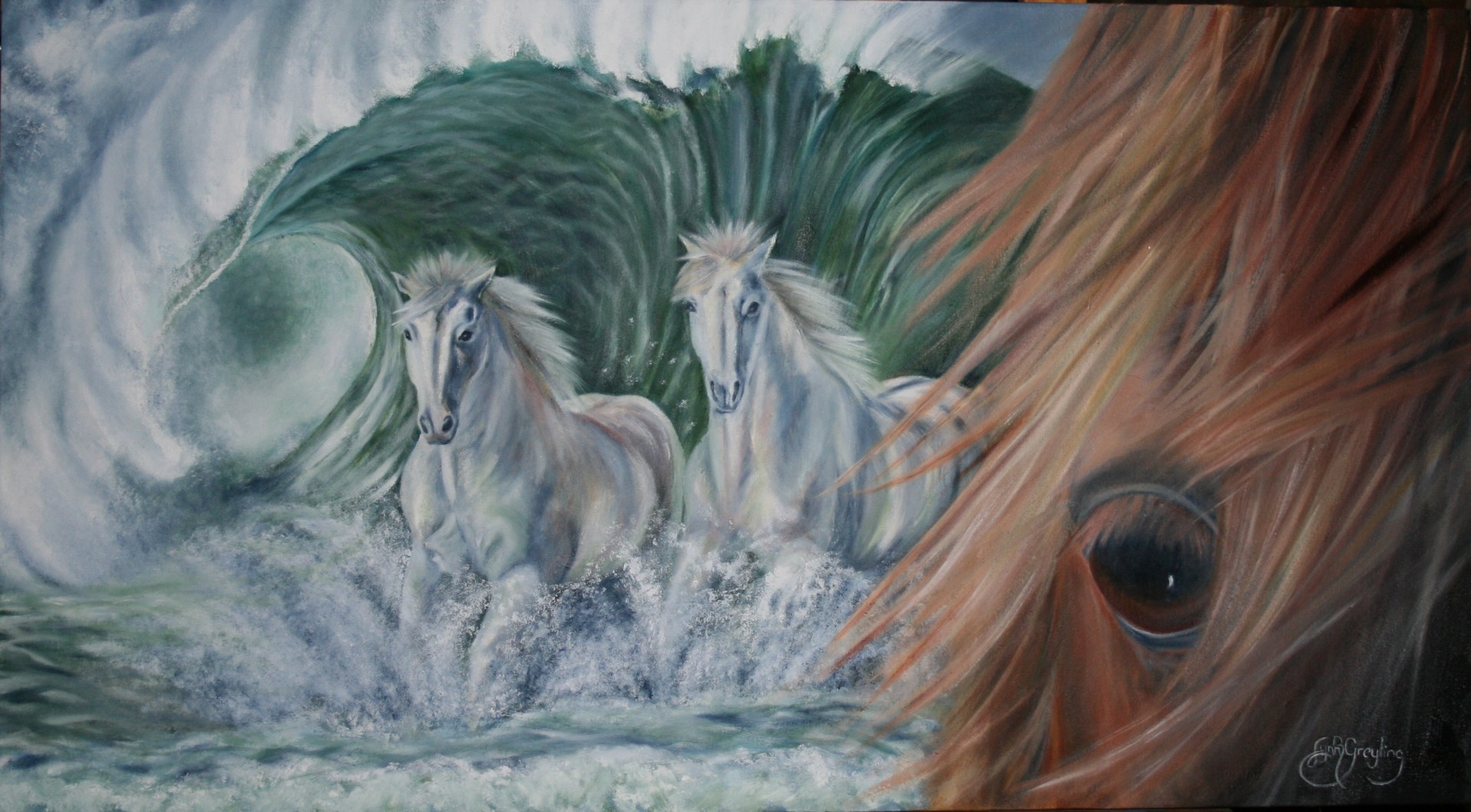 PCデスクトップに動物, 馬, 海, 波, 油絵画像を無料でダウンロード