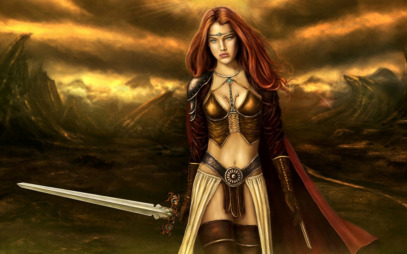 Laden Sie das Fantasie, Rothaarige, Krieger, Schwert, Rote Haare, Frau Krieger-Bild kostenlos auf Ihren PC-Desktop herunter