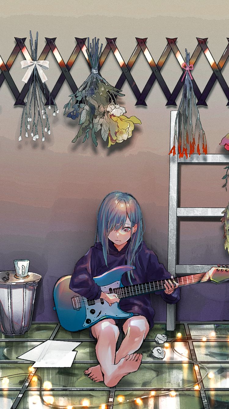 Handy-Wallpaper Musik, Gitarre, Blaue Haare, Animes kostenlos herunterladen.