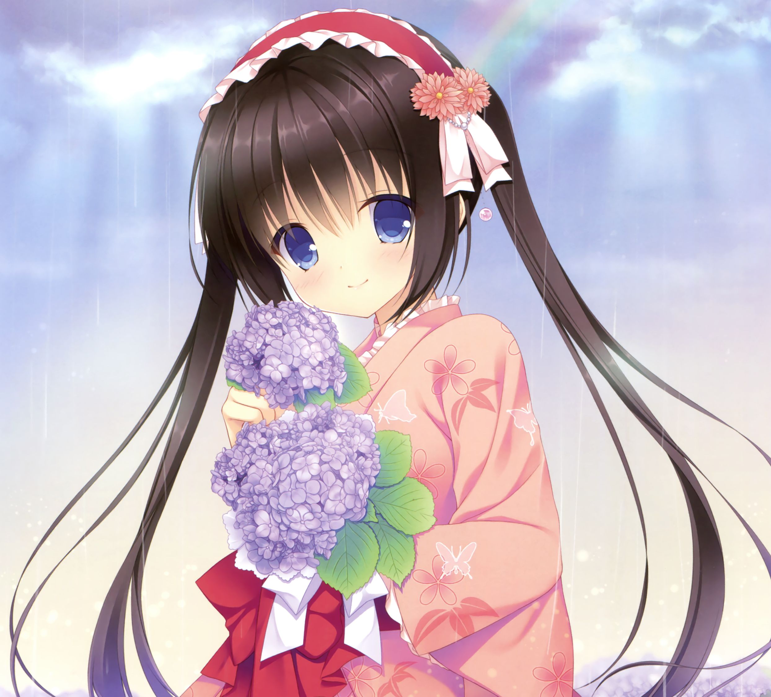 Free download wallpaper Anime, Rainbow, Flower, Smile, Kimono, Blue Eyes, Original, Blush, Long Hair, Brown Hair, Twintails on your PC desktop