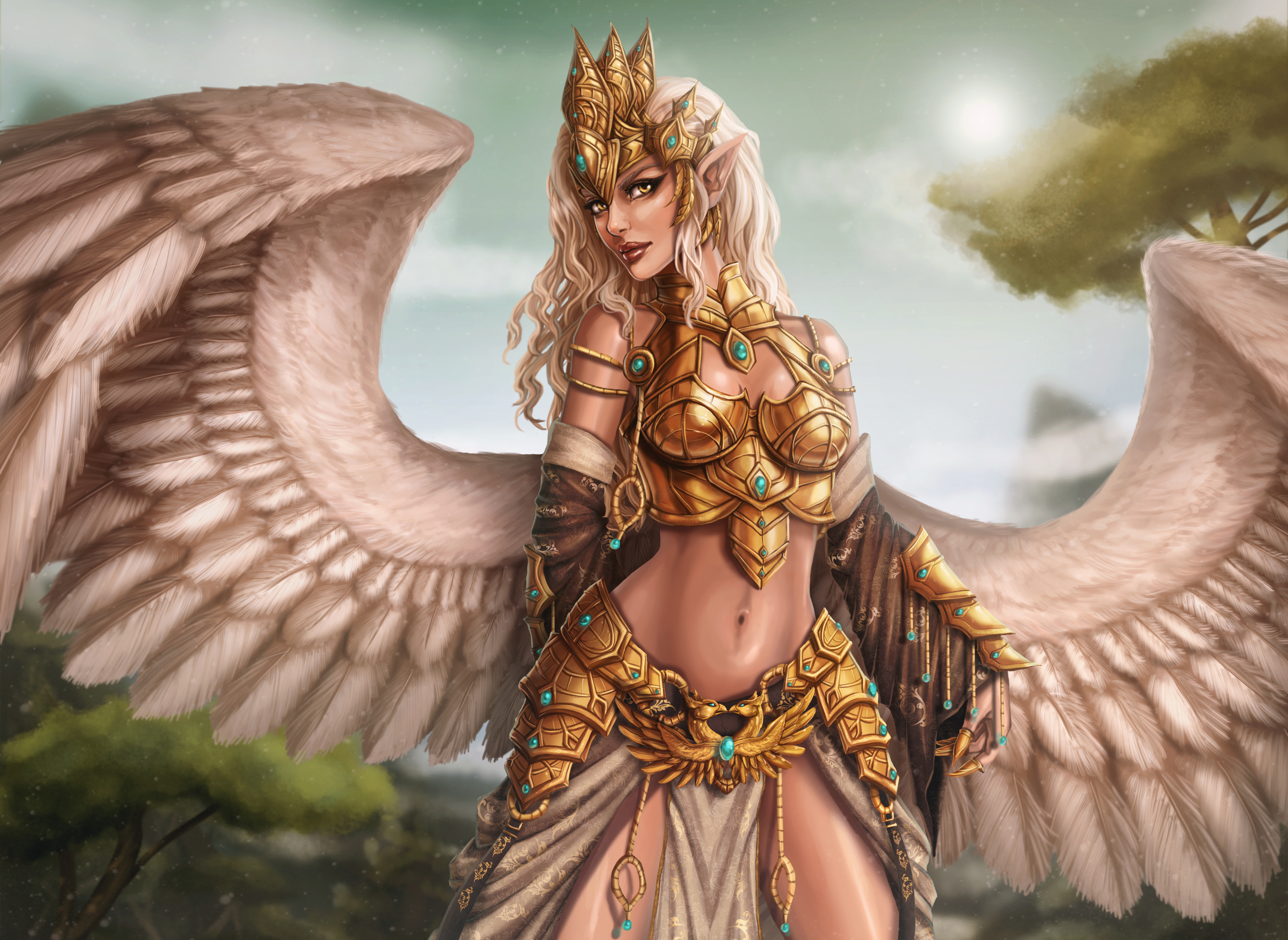 Download mobile wallpaper Fantasy, Crown, Wings, Angel, Blonde, Armor, Pointed Ears, Angel Warrior for free.