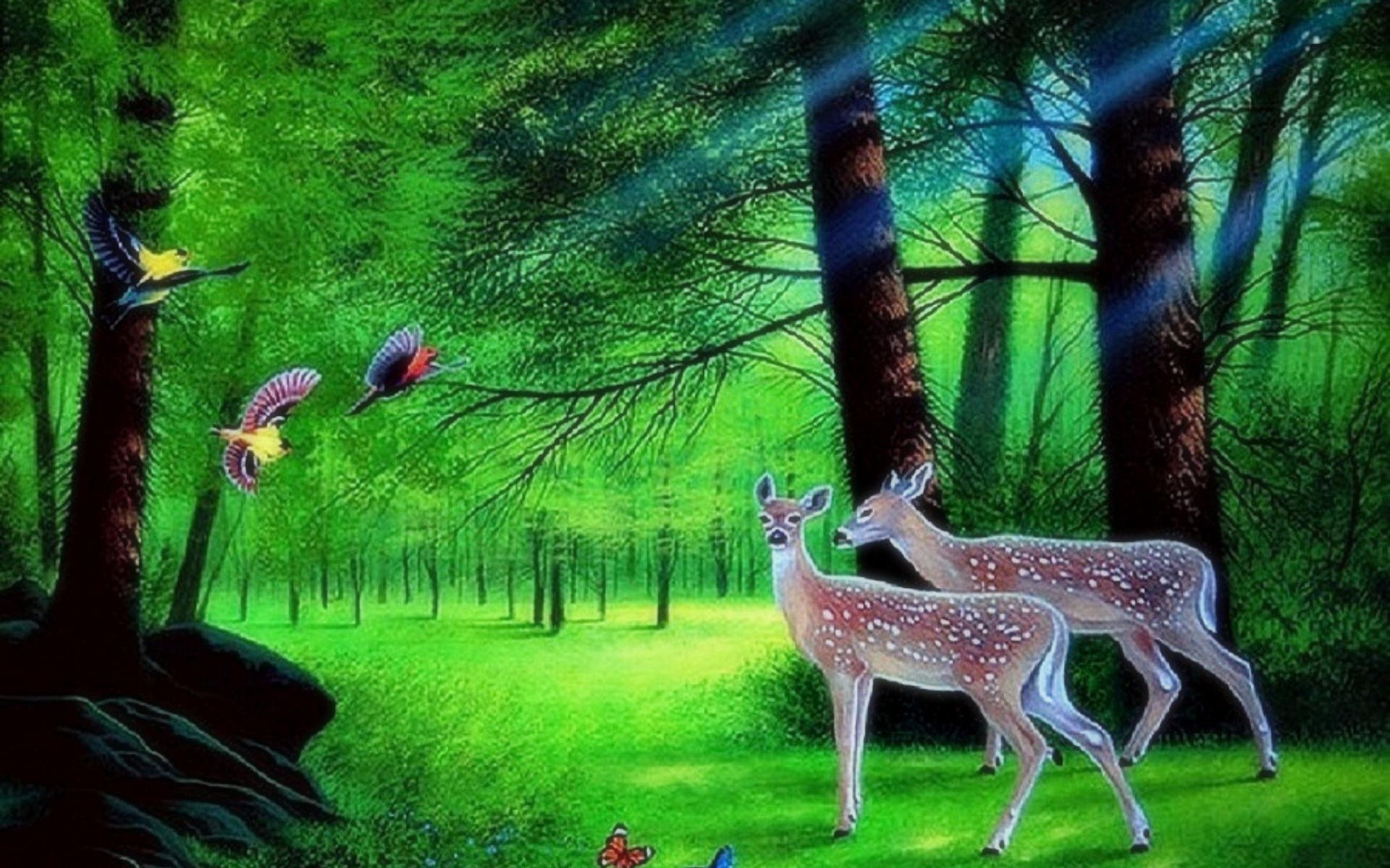 無料モバイル壁紙蝶, 鳥, 鹿, 森, 芸術的, 魔法のをダウンロードします。