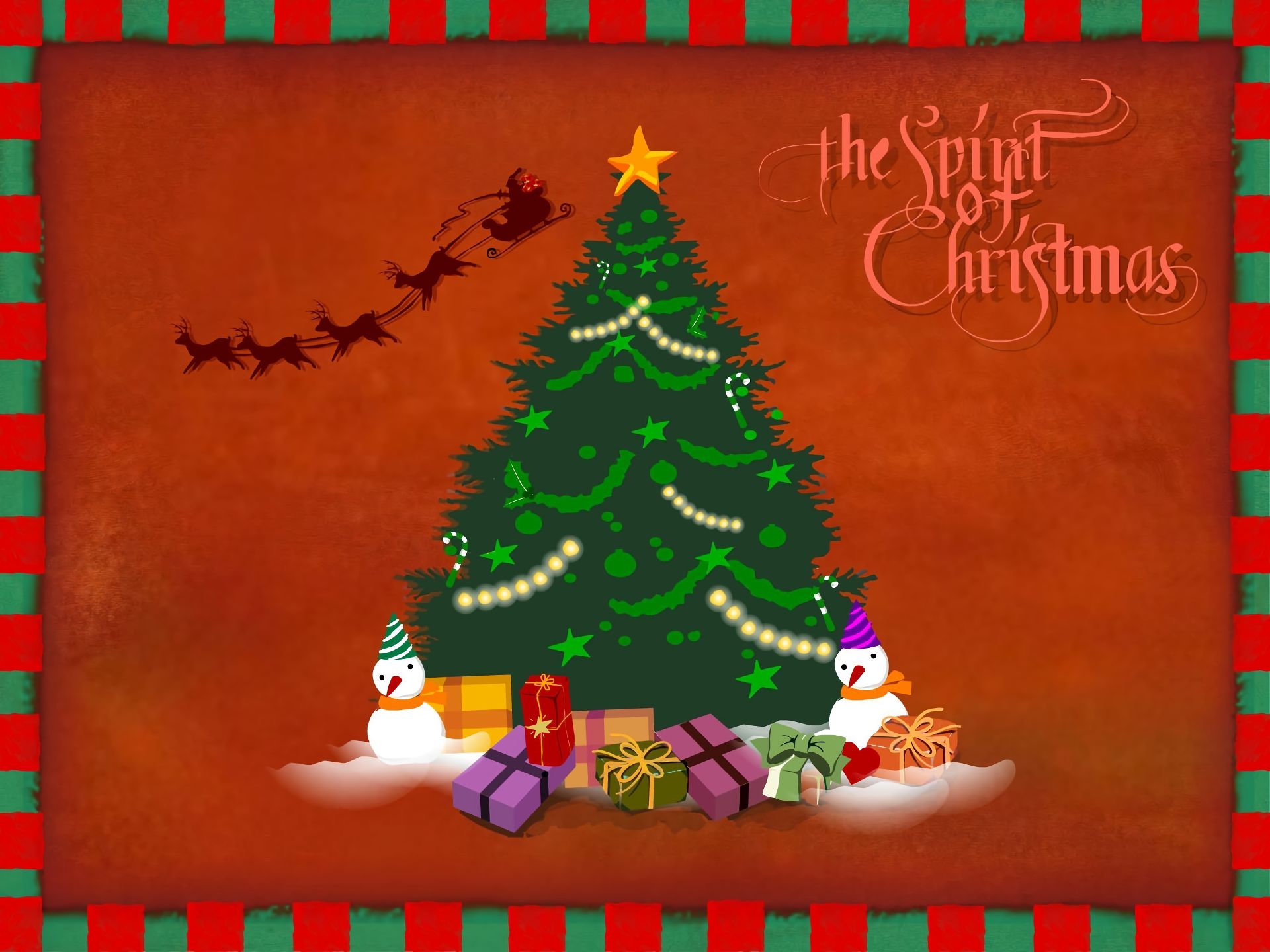Скачать обои бесплатно Рождество, Снеговик, Рождественская Елка, Подарки, Звёзды, Праздничные, Санта, Северный Олень картинка на рабочий стол ПК