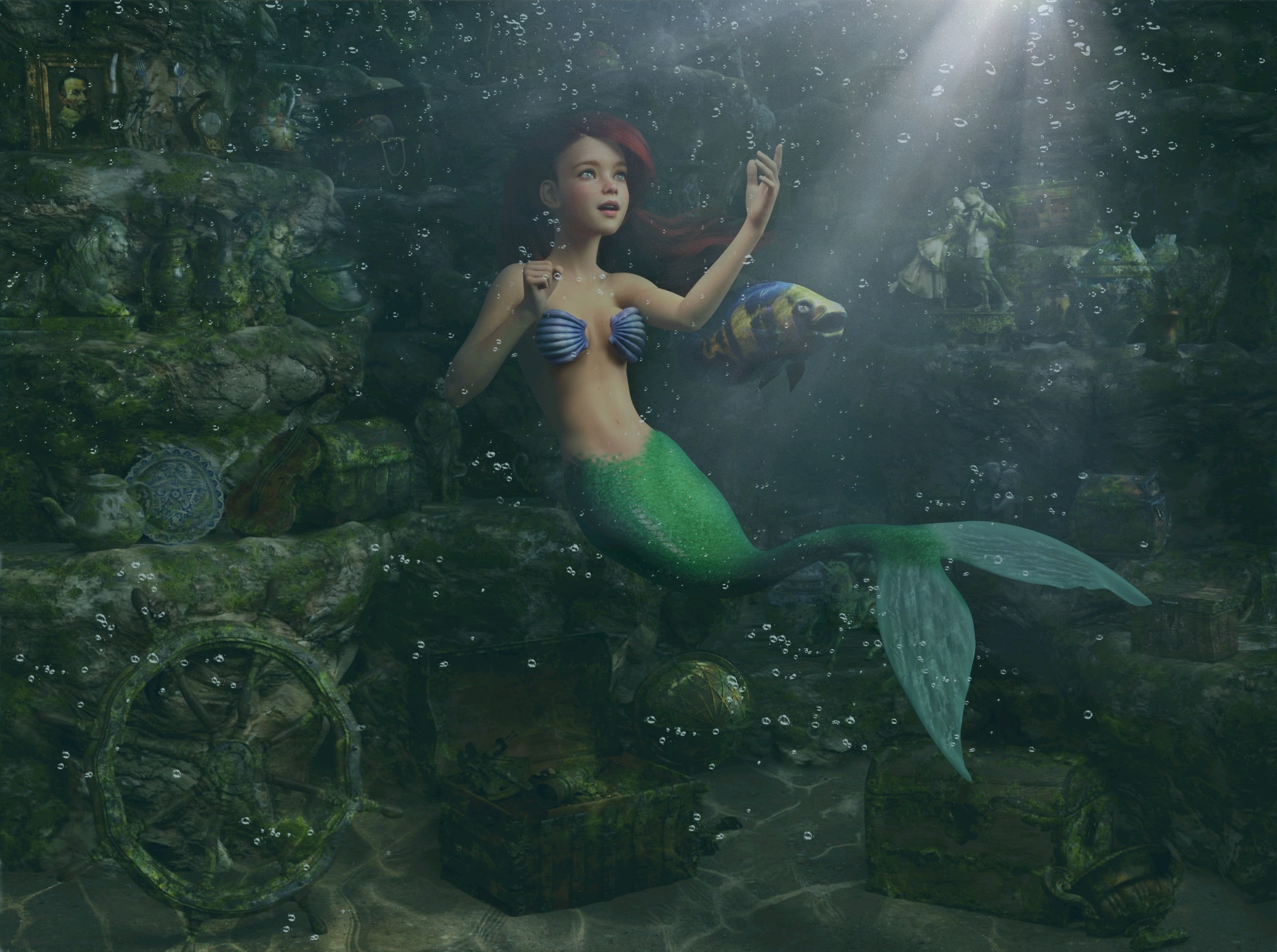 3d, movie, the little mermaid (1989), ariel (the little mermaid), flounder (the little mermaid), mermaid, red hair, the little mermaid
