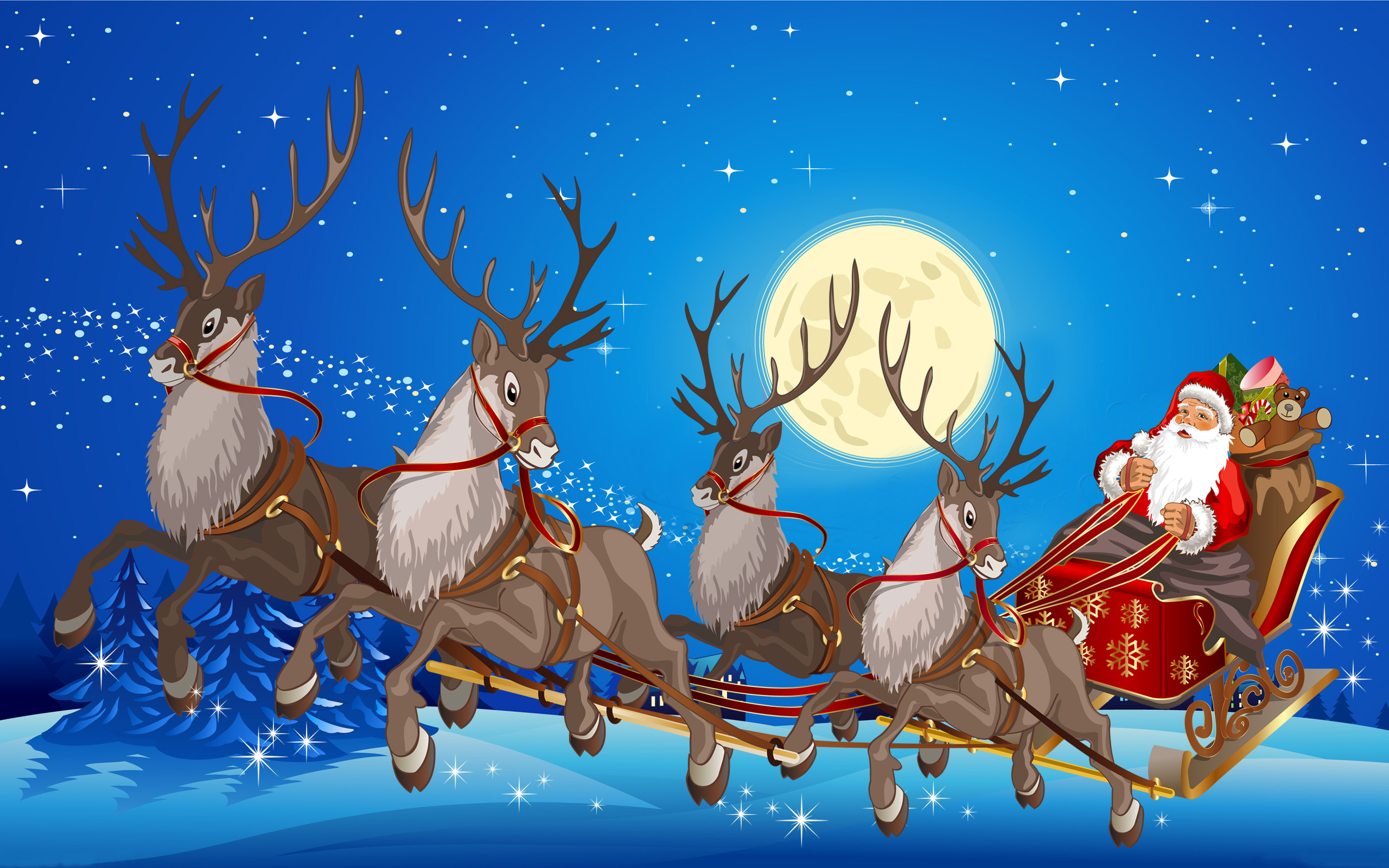 Download mobile wallpaper Moon, Christmas, Holiday, Sleigh, Santa, Reindeer for free.