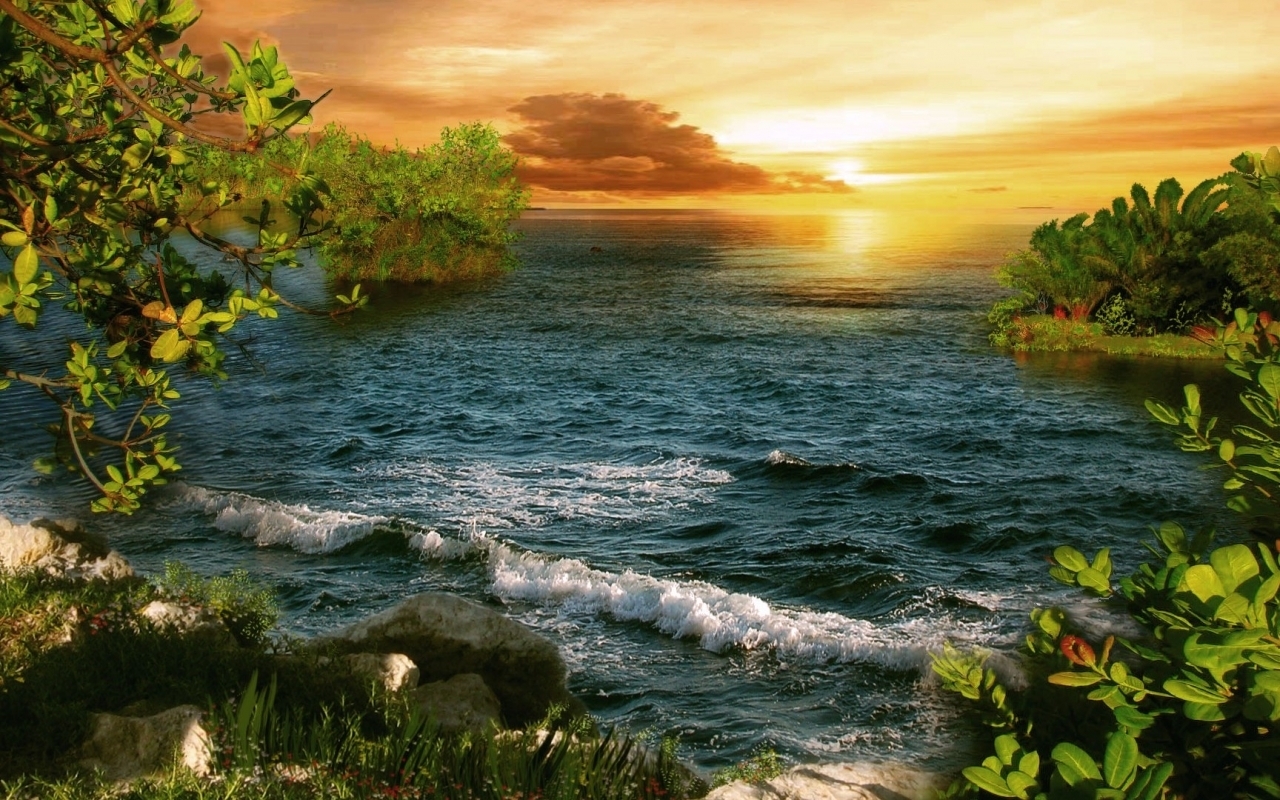 Handy-Wallpaper Sunset, Waves, Landschaft, Sea kostenlos herunterladen.