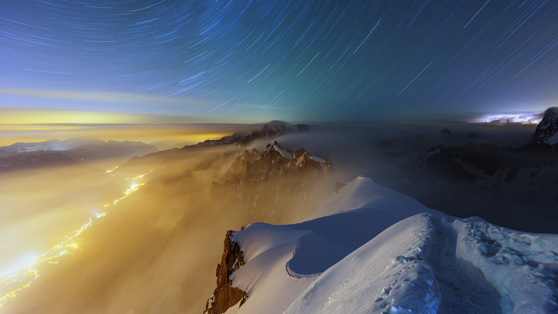 earth, star trail, fog, horizon, mountain, night, sky, snow