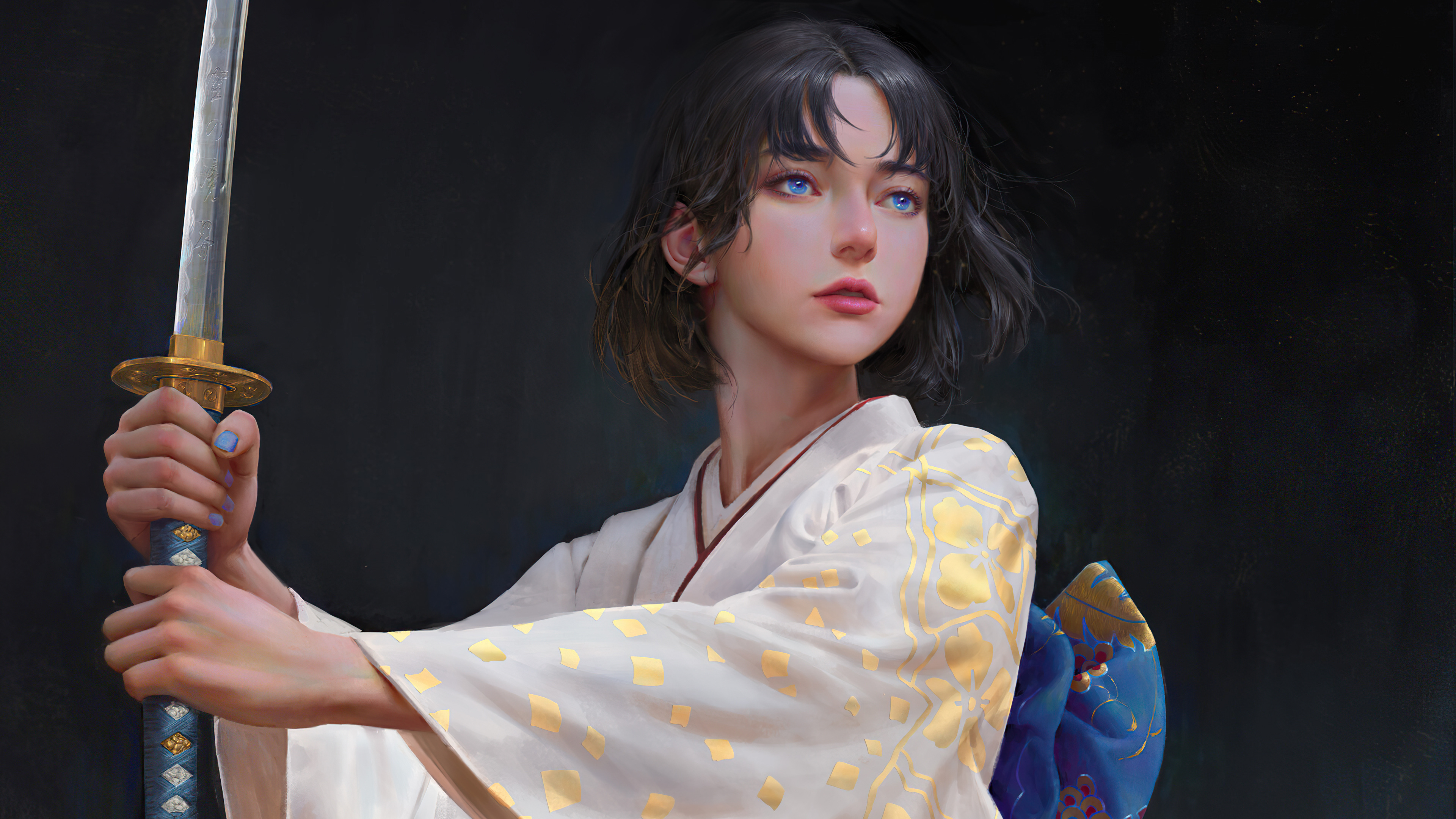 Download mobile wallpaper Fantasy, Kimono, Blue Eyes, Japanese, Katana, Women Warrior for free.