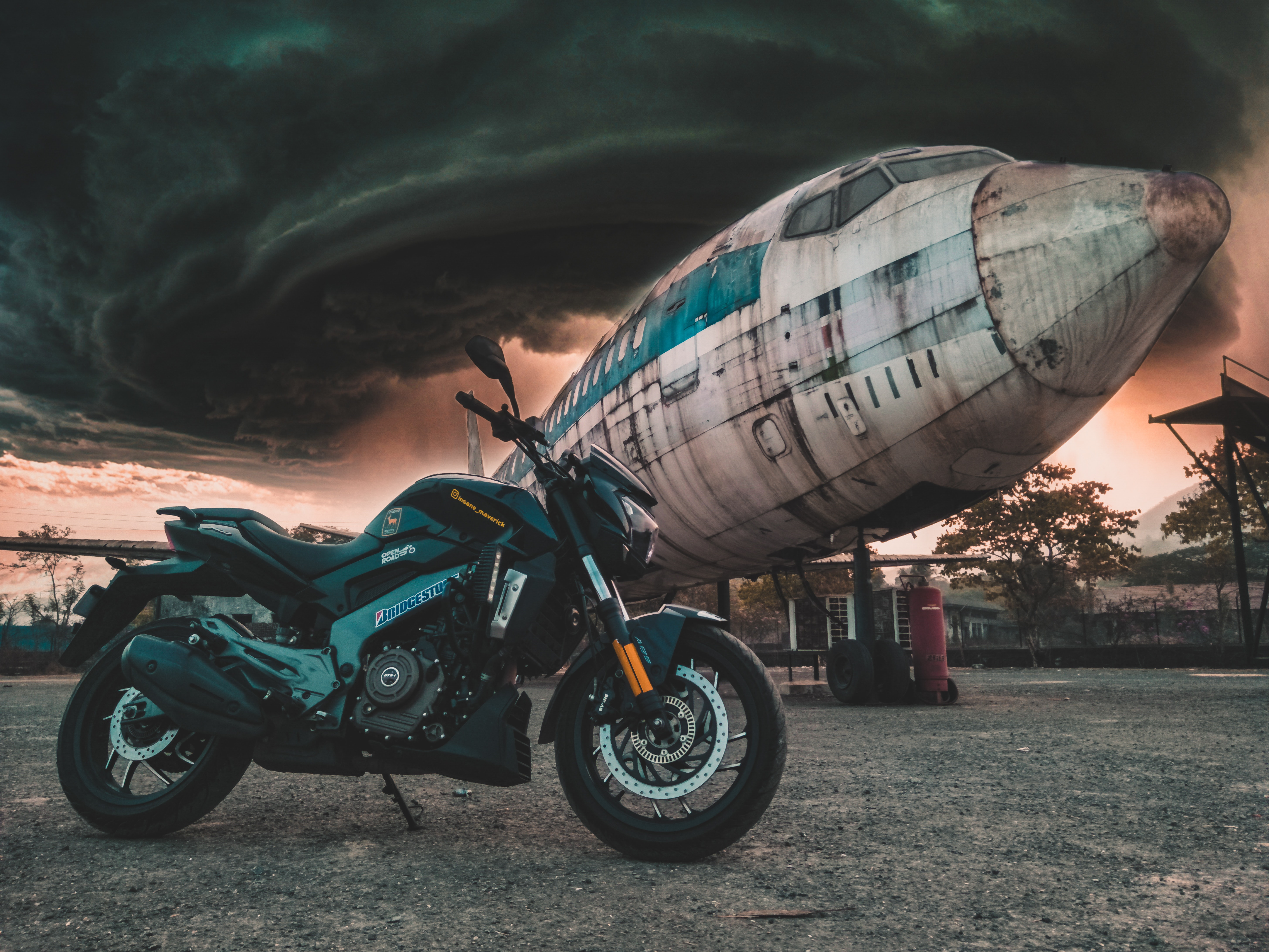 Free download wallpaper Clouds, Airplane, Mainly Cloudy, Overcast, Side View, Motorcycle, Motorcycles, Plane on your PC desktop
